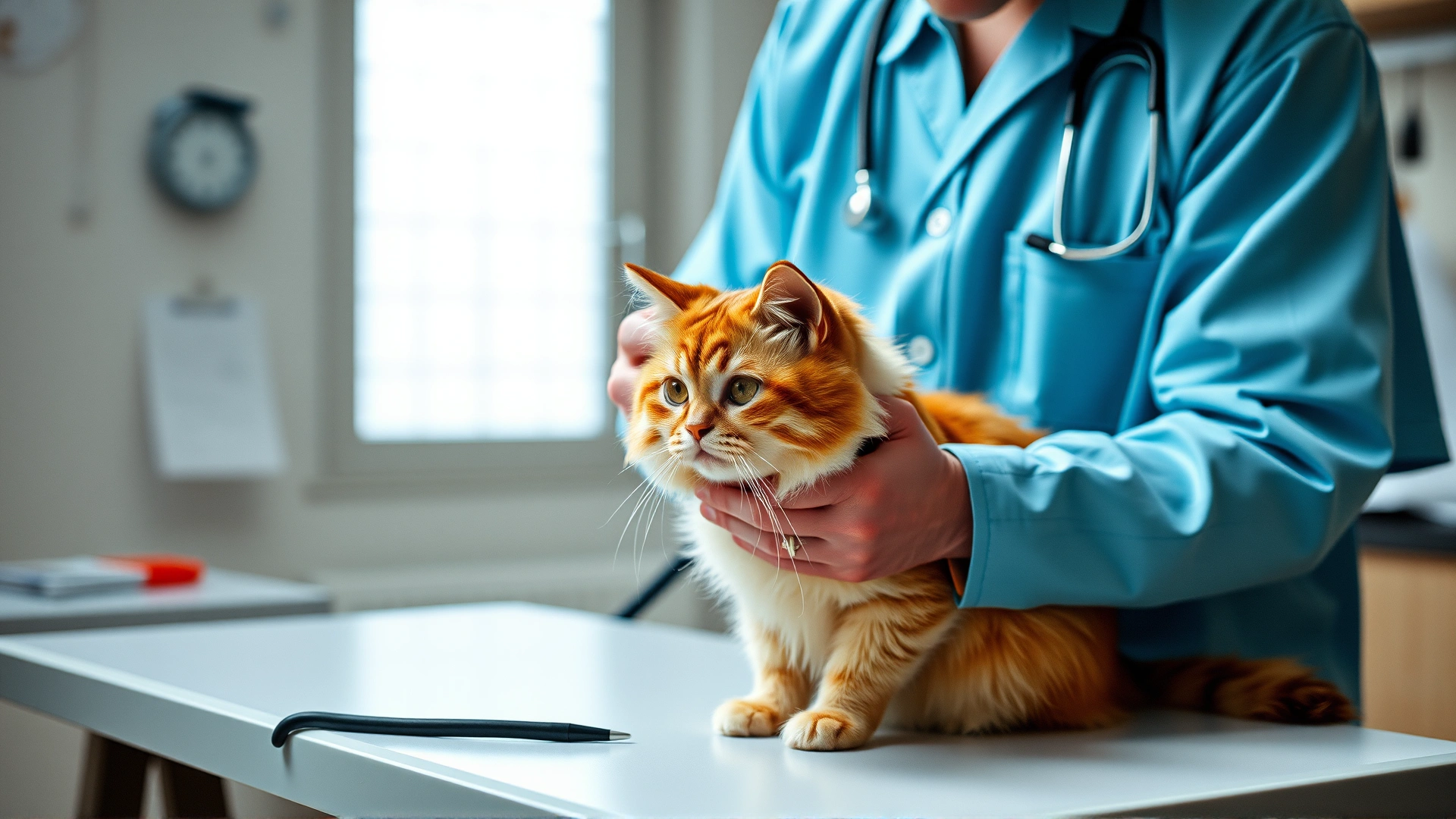 Veterinarian examining a Scottish Fold cat on a clinic table, stethoscope in hand.