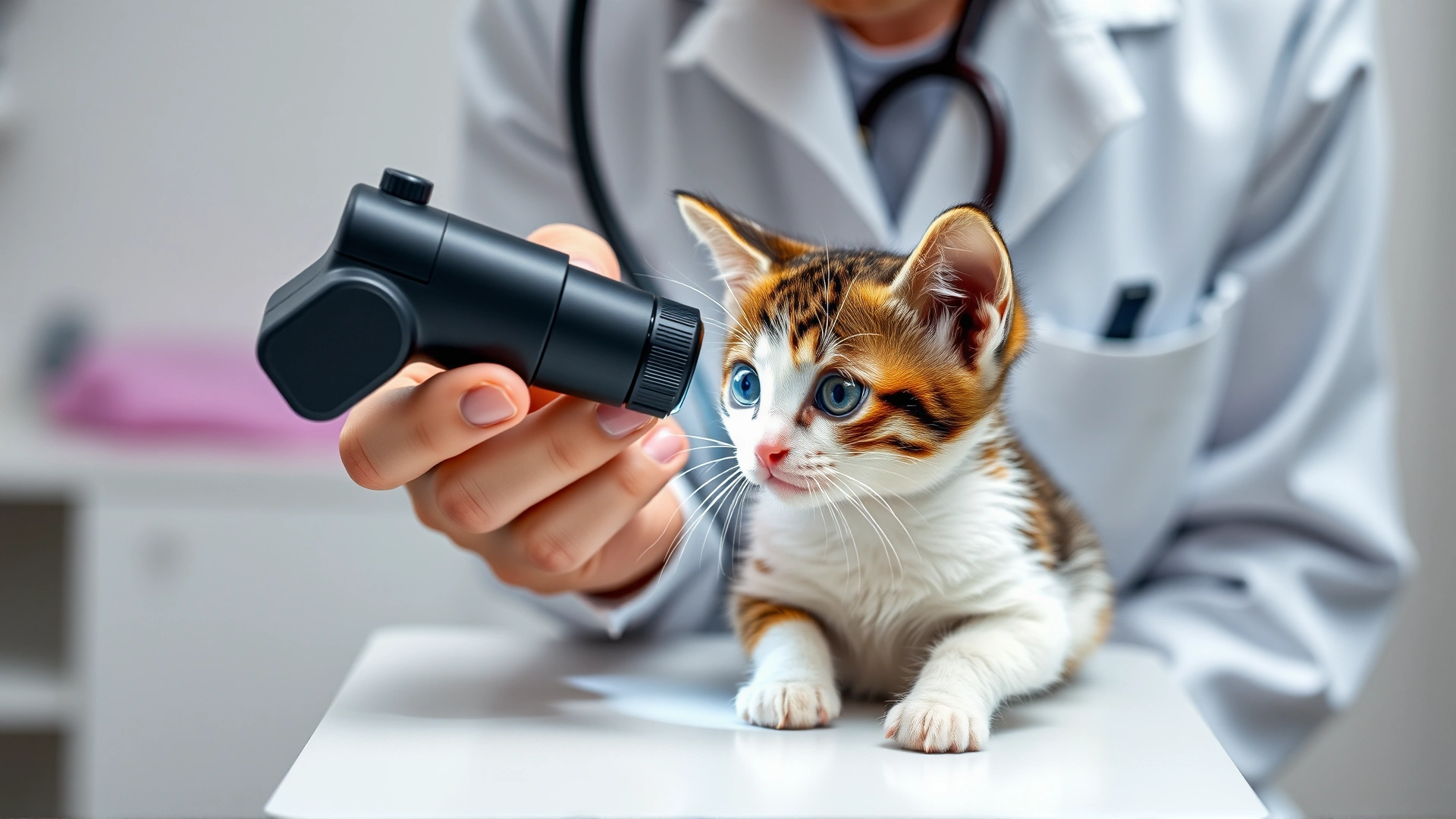 A veterinarian in a white coat gently examining a small kitten's eye with an ophthalmoscope on a clinic table.
