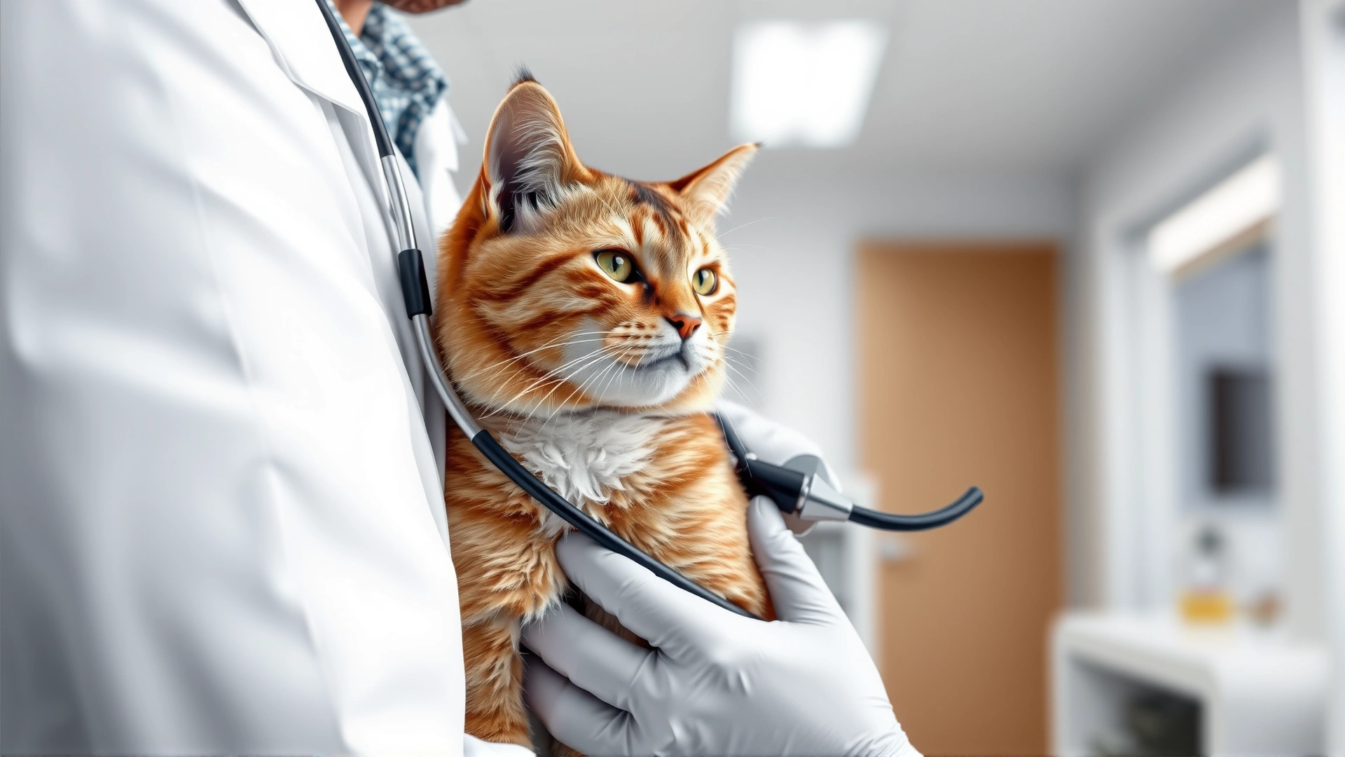 A veterinarian in white coat gently examining a cat's heart with a stethoscope in a modern veterinary clinic