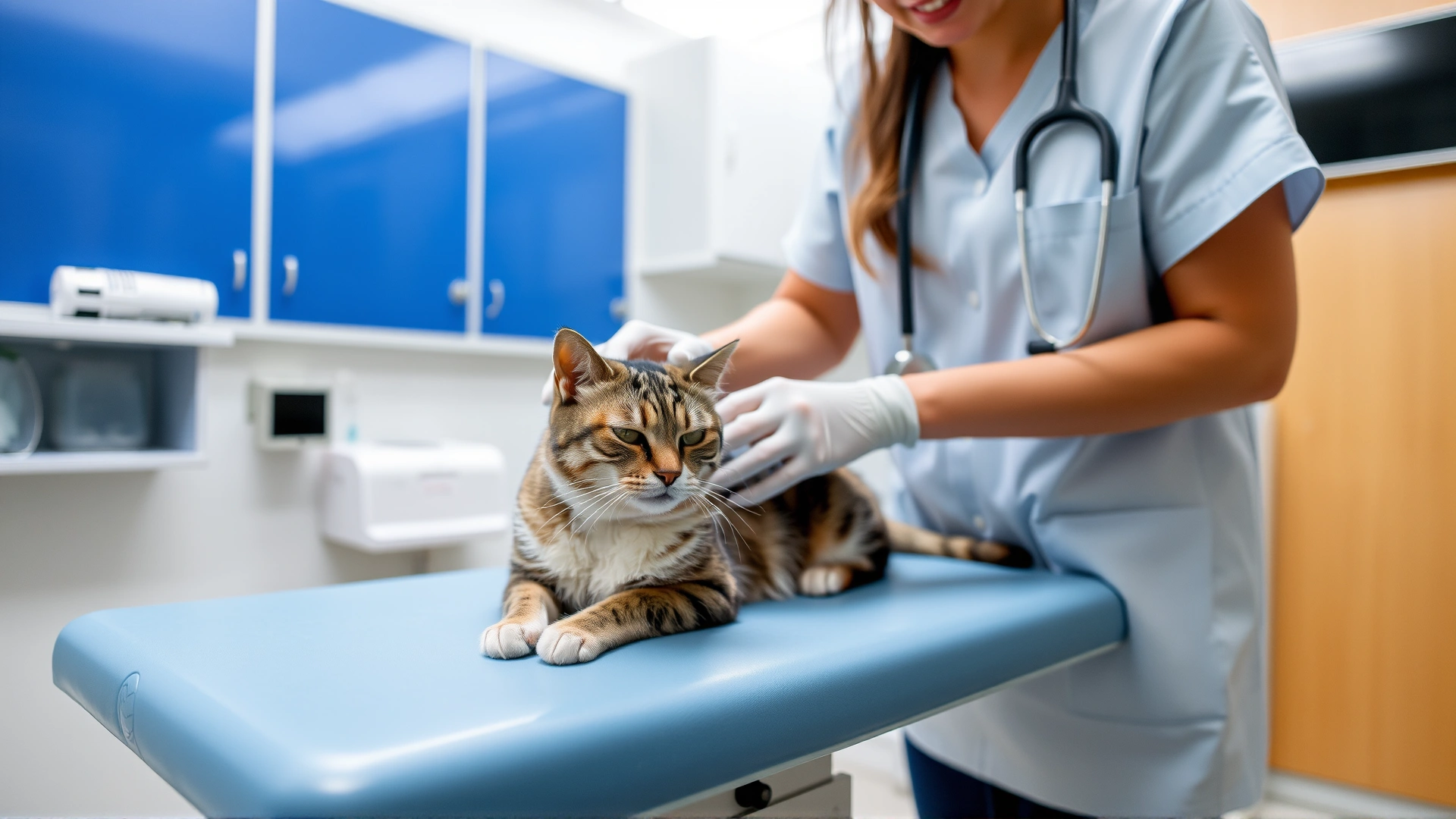 A veterinarian gently examining a calm cat on an exam table in a clean clinic, stethoscope visible, no text.