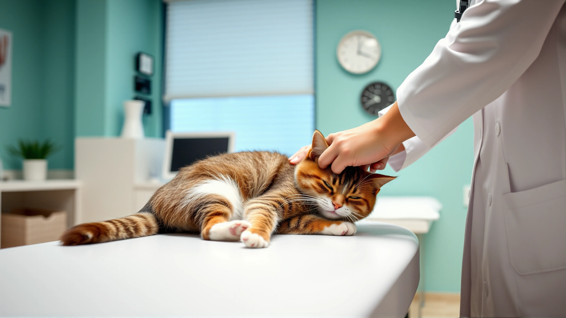 Veterinarian gently examining a calm cat on an examination table in a bright clinic, stethoscope in hand