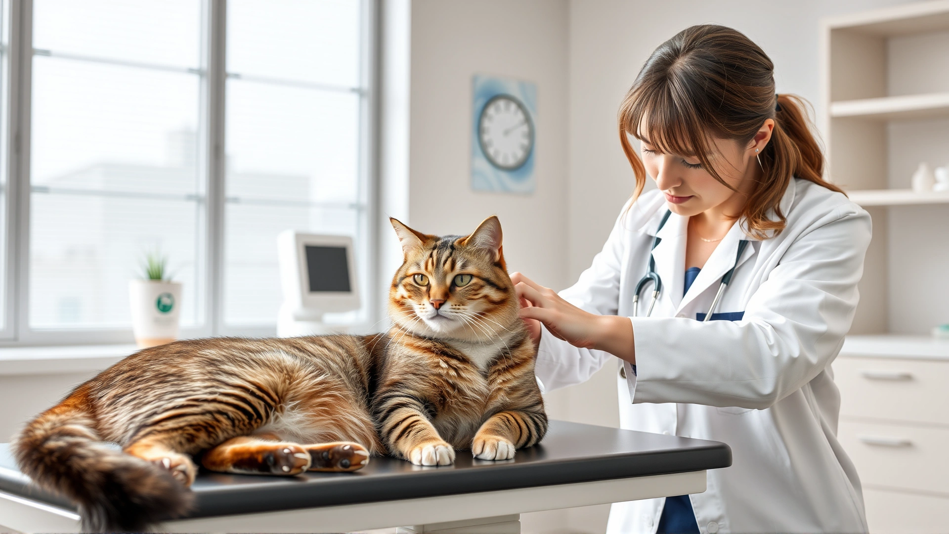 Female veterinarian in a white coat gently examining a calm adult tabby cat on an examination table inside a modern clinic.