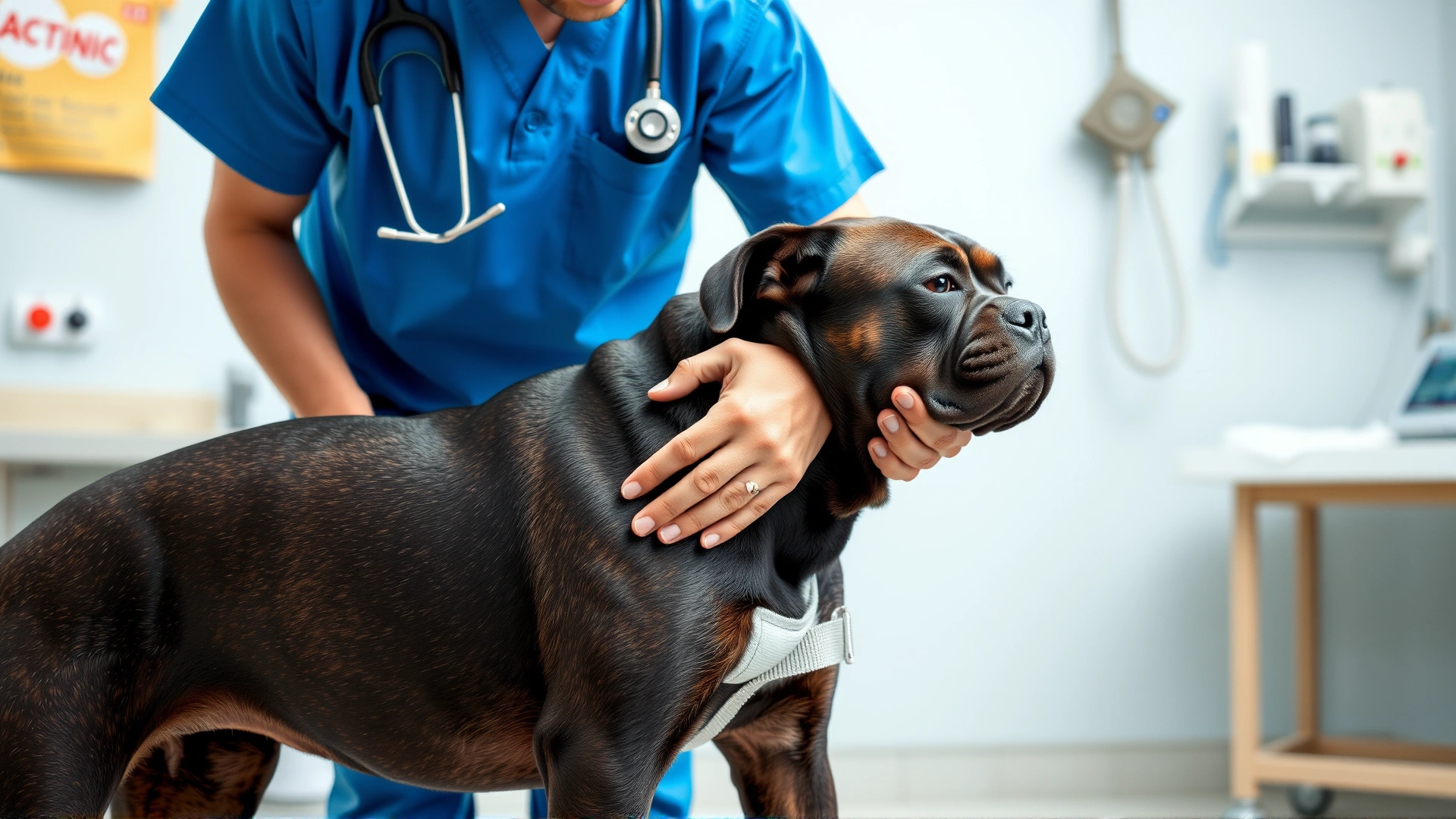 Veterinarian examining a Cane Corso’s hips in a modern vet clinic, gentle handling, medical equipment blurred in background, no text.