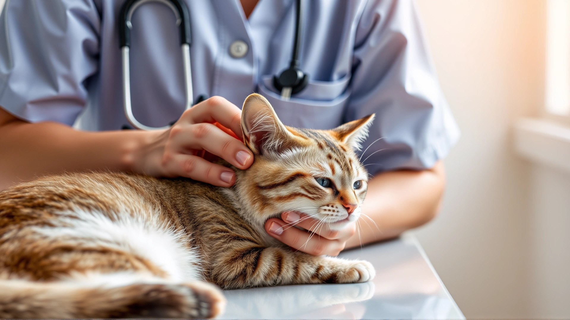 Veterinarian gently examining an elderly cat on a clinic table, stethoscope visible, bright and friendly atmosphere.