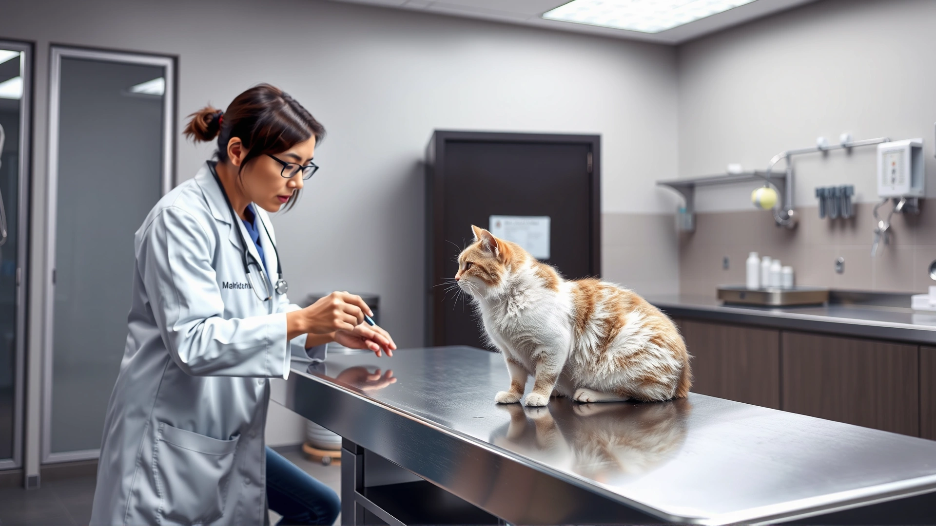 A veterinarian in a white coat gently examining a calm cat on a stainless steel exam table inside a modern vet clinic.