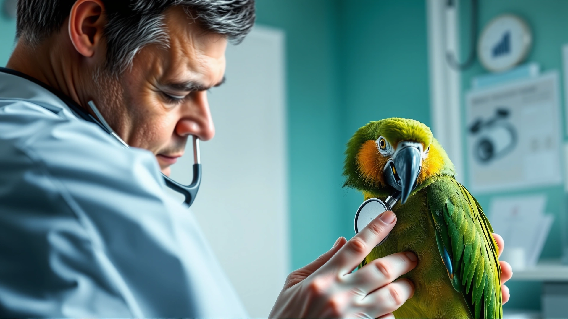 A veterinarian gently examining a parrot with a stethoscope in a bright clinic room, showing the diagnostic process.