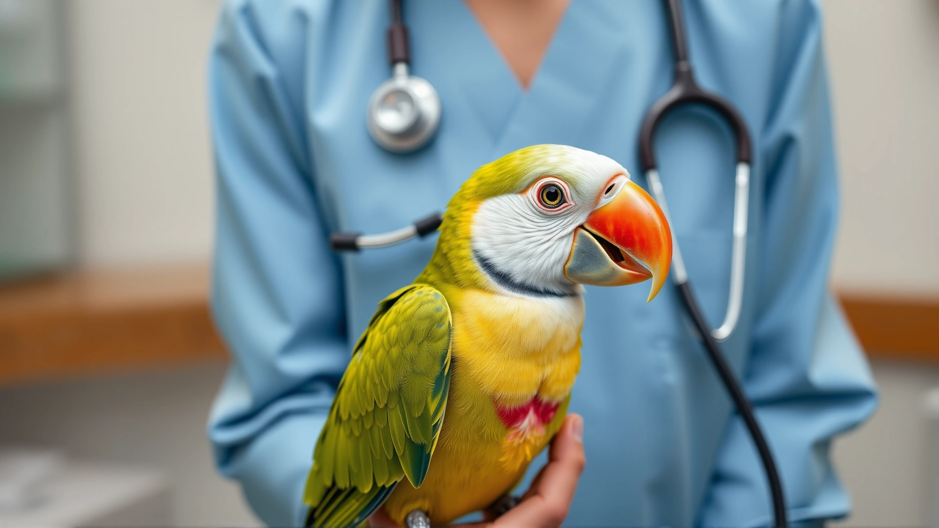 Avian veterinarian in clinic gently holding a small hookbill parrot while listening to its heart with a stethoscope.