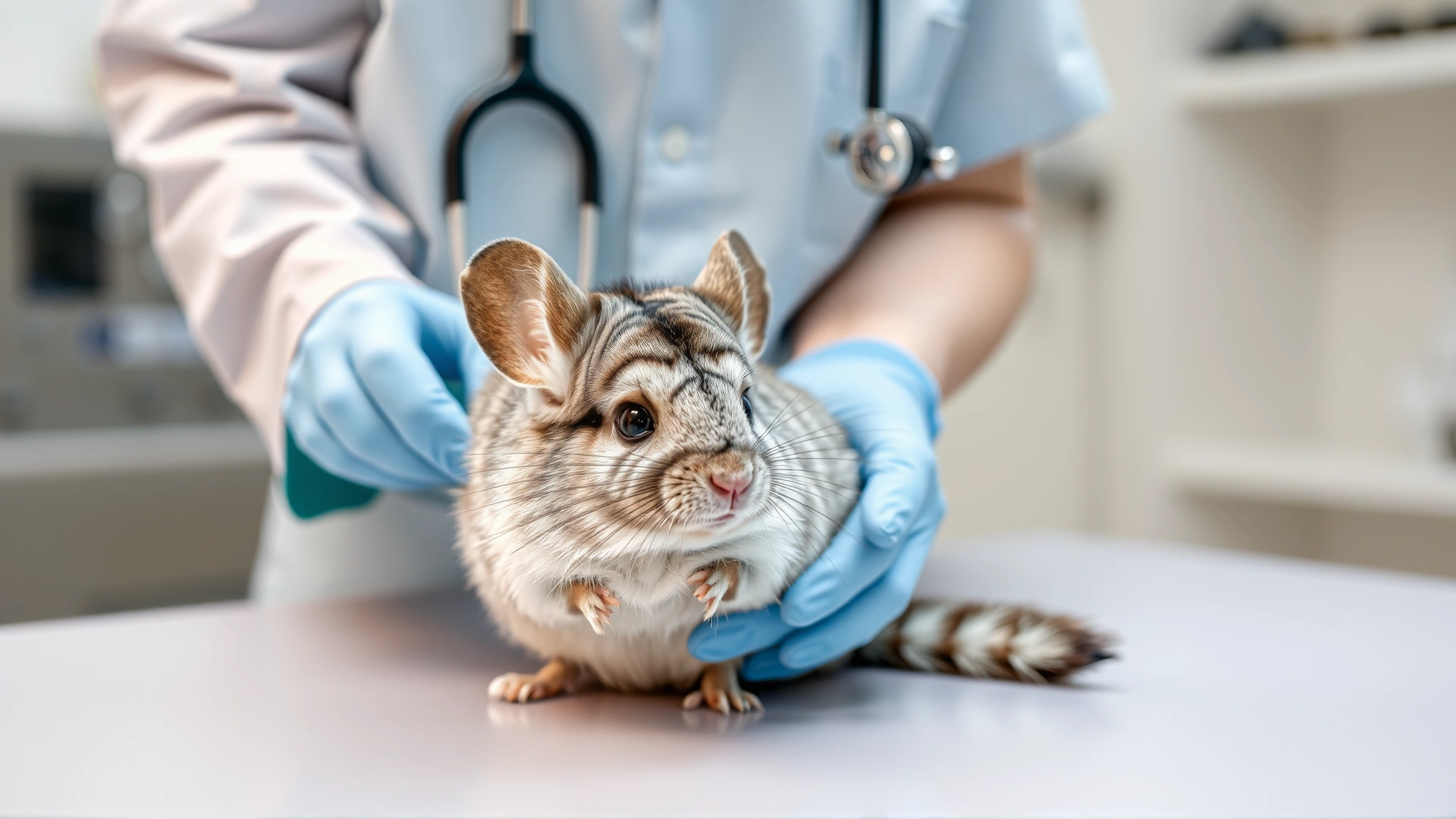 Exotic pet veterinarian gently examining a chinchilla on a clinic table