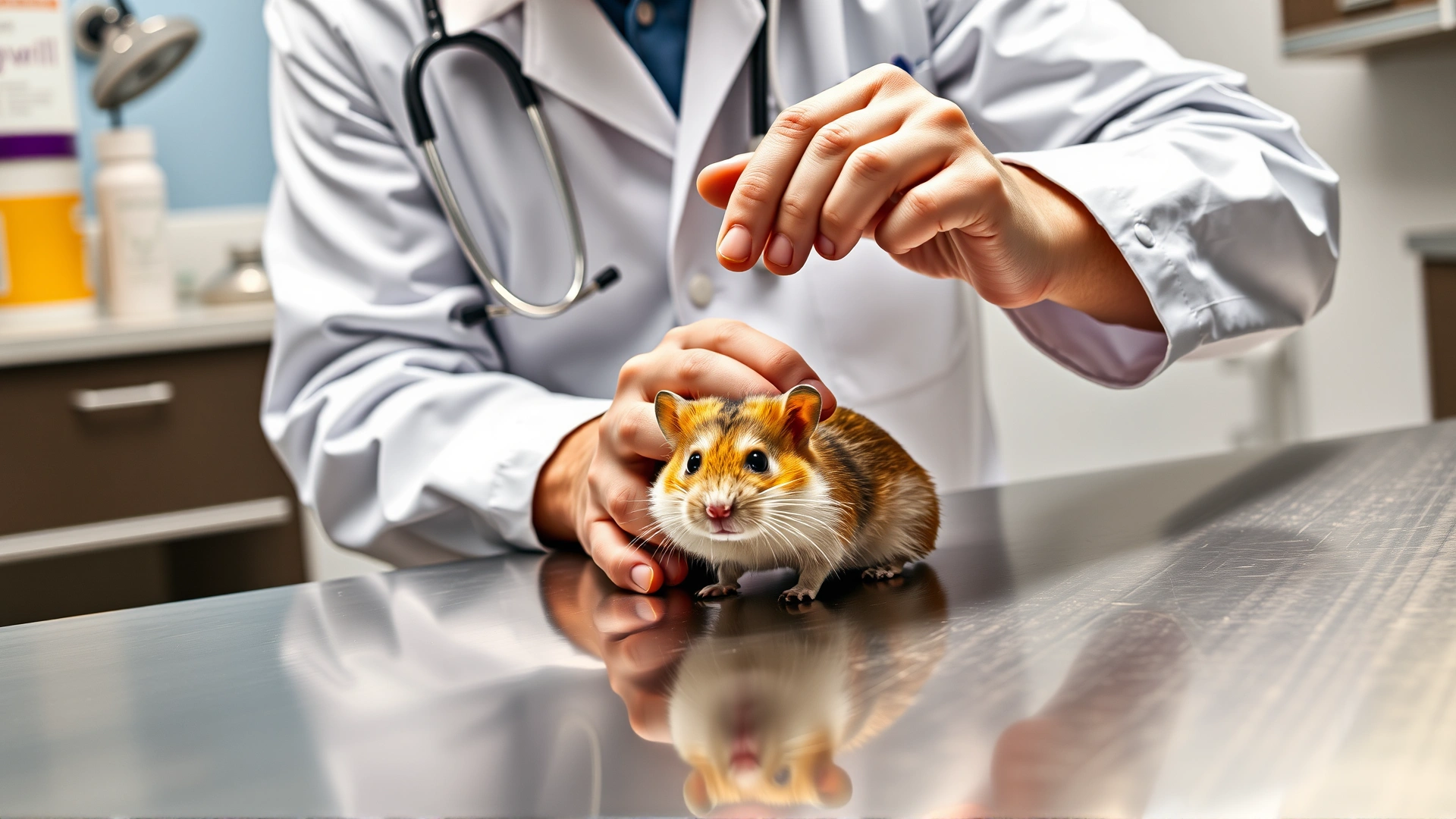 Exotic animal veterinarian wearing white coat and stethoscope gently examining a hamster on a stainless steel exam table; bright clinic setting.
