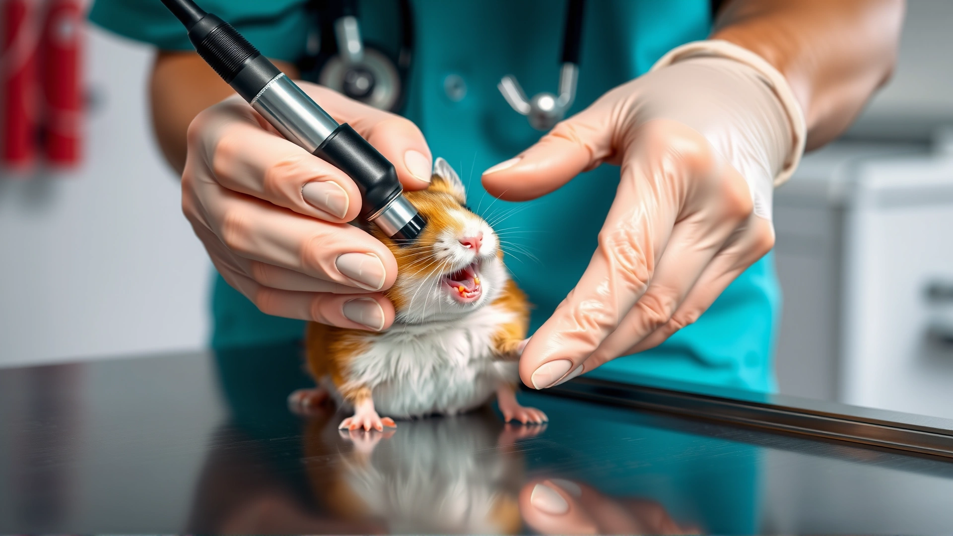 Veterinarian wearing gloves gently examining a hamster’s teeth with an otoscope on a stainless steel exam table.