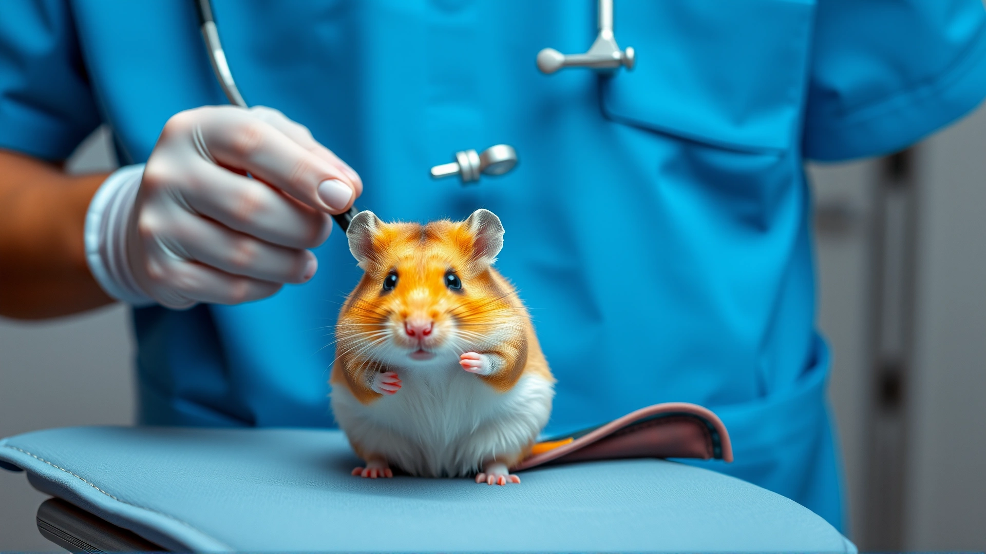 Exotic animal veterinarian wearing scrubs using a stethoscope to examine a hamster on a padded table.
