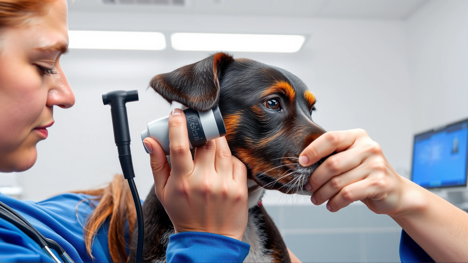 Veterinarian in a modern clinic gently examining a dog’s ear with an otoscope, both faces visible and calm.