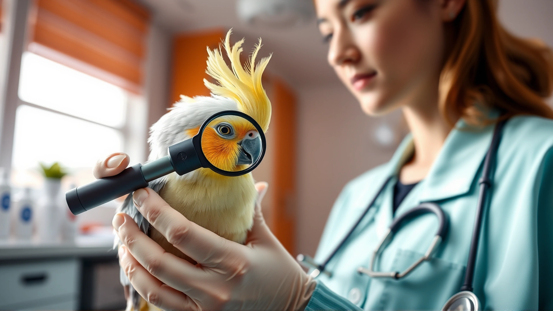 Veterinarian in a modern clinic gently holding a cockatiel and using a magnifying loupe to inspect its feathers for mites, bright professional environment