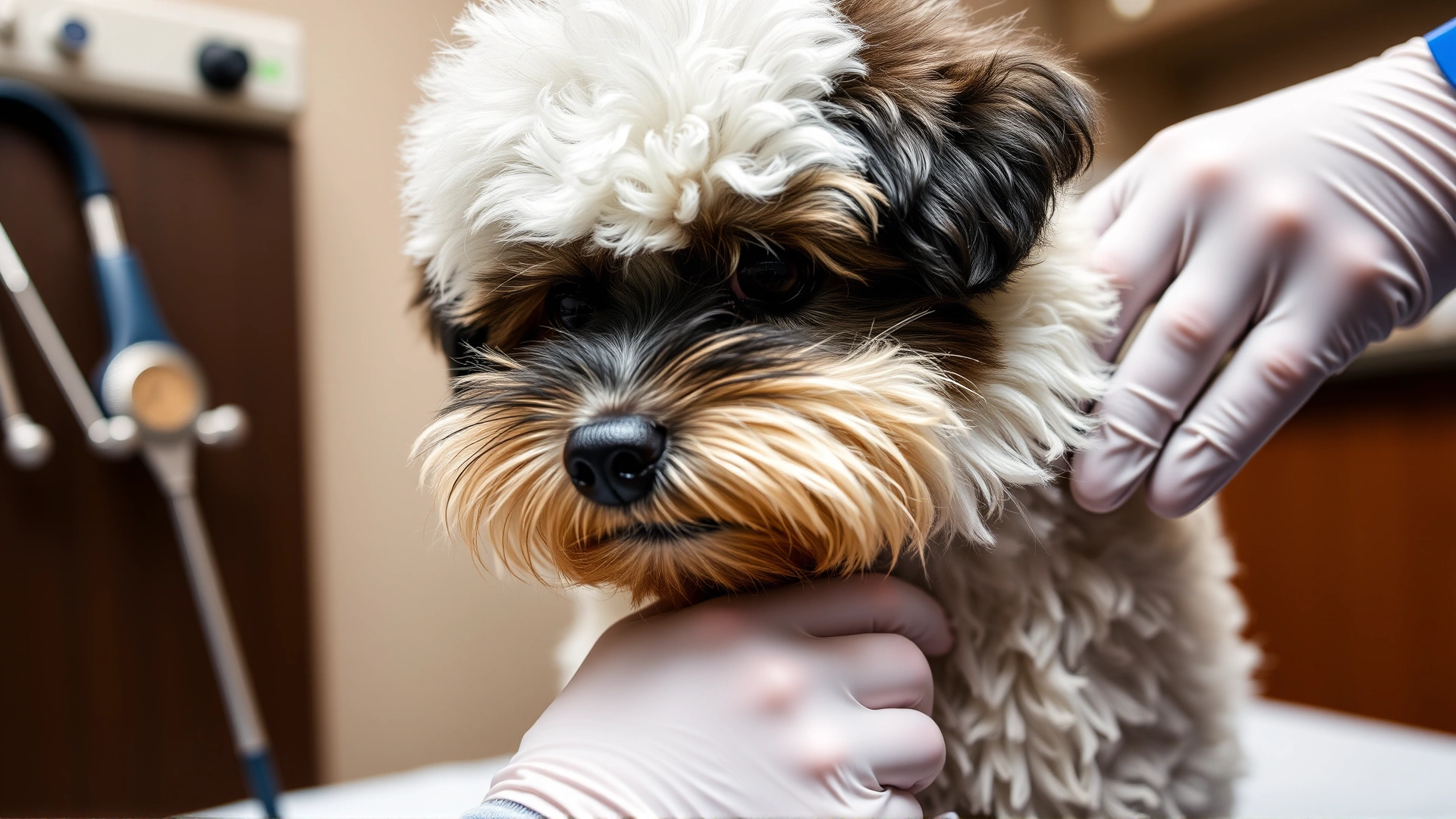 Bichon Frise being examined by a veterinarian on an exam table, close-up on dog’s face, medical tools visible.