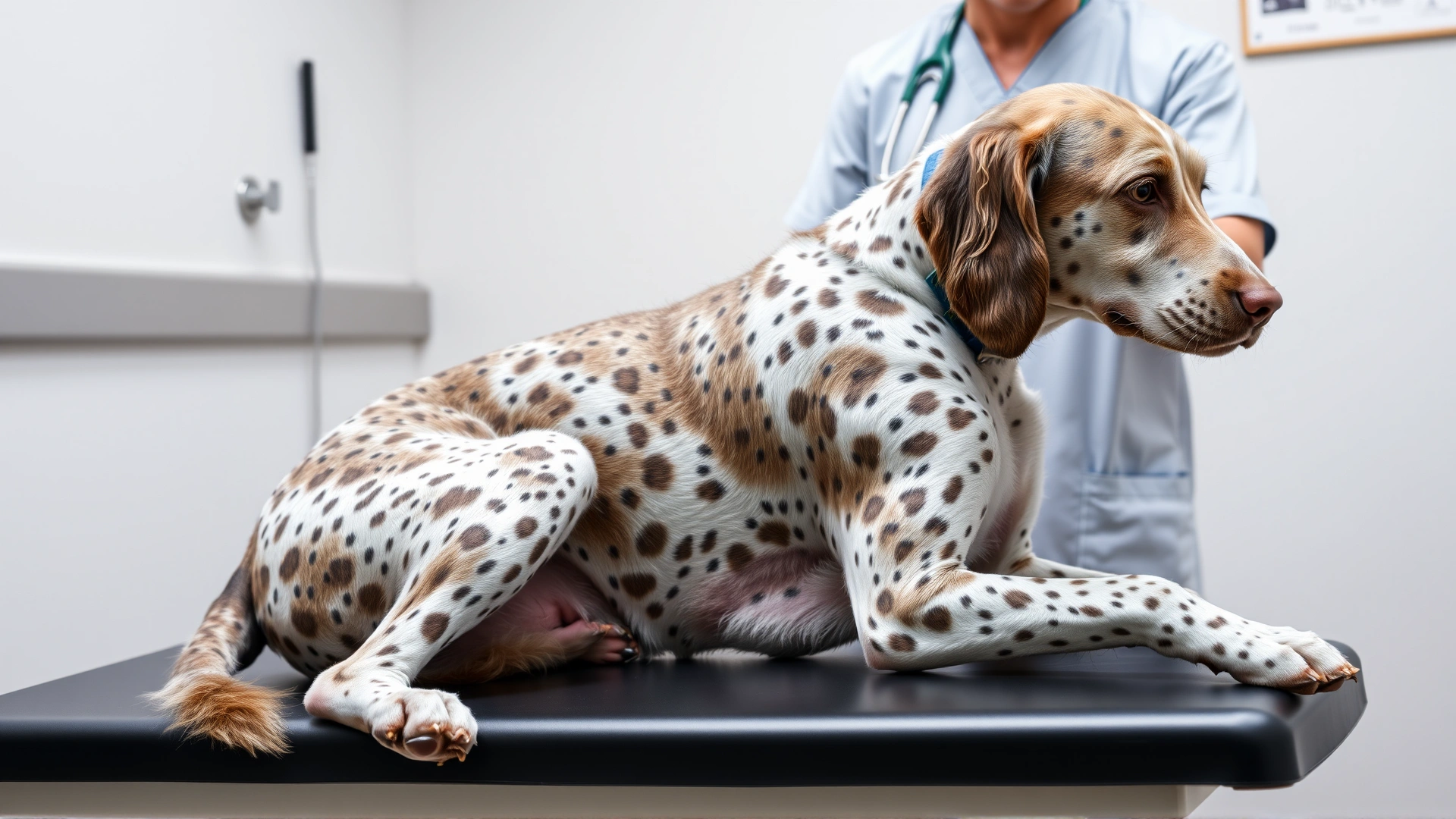 Spinone Italiano sitting calmly on a veterinary examination table while a vet in scrubs listens to its chest with a stethoscope