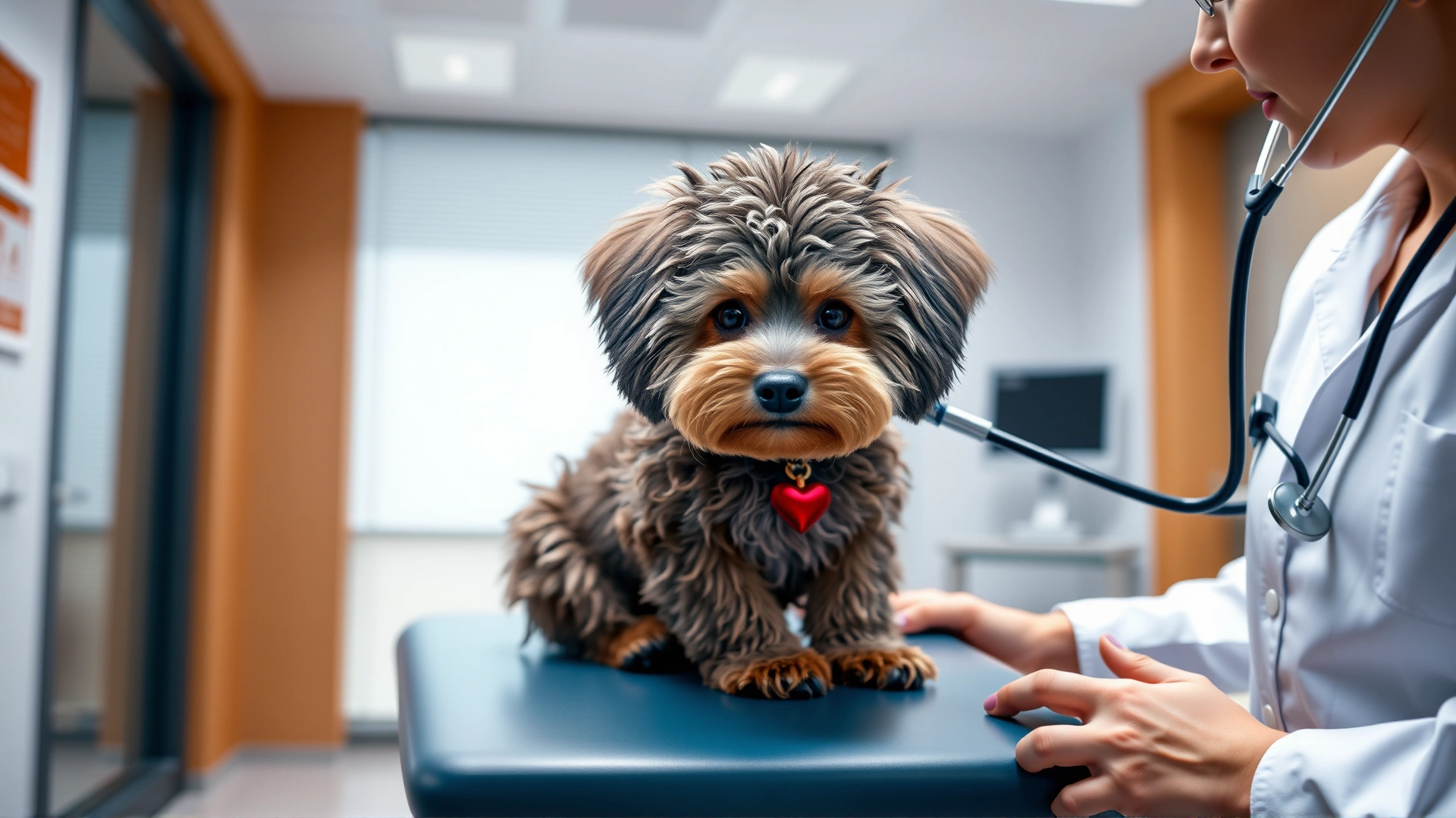 Whoodle calmly sitting on an examination table while a veterinarian listens to its heartbeat with a stethoscope, modern clinic background, no text.