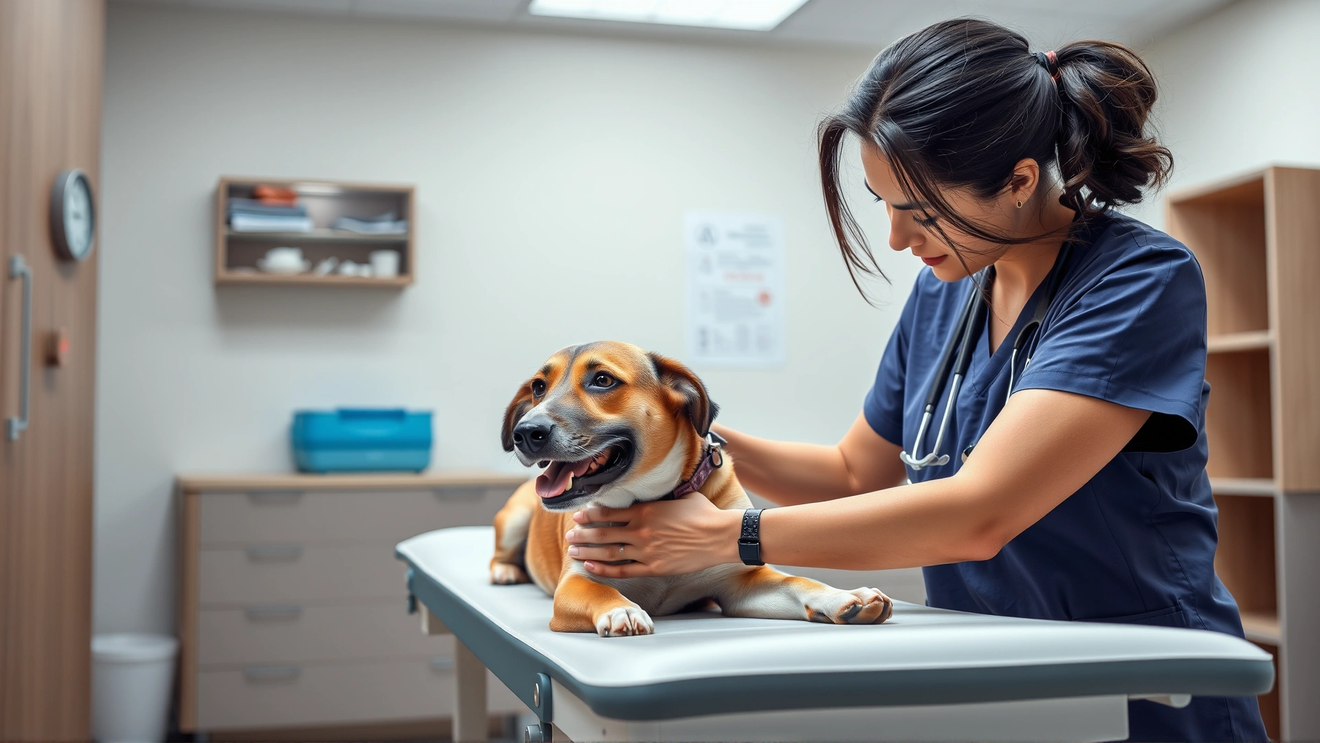 Veterinarian gently examining a mixed-breed dog on an examination table in a modern clinic, both looking calm