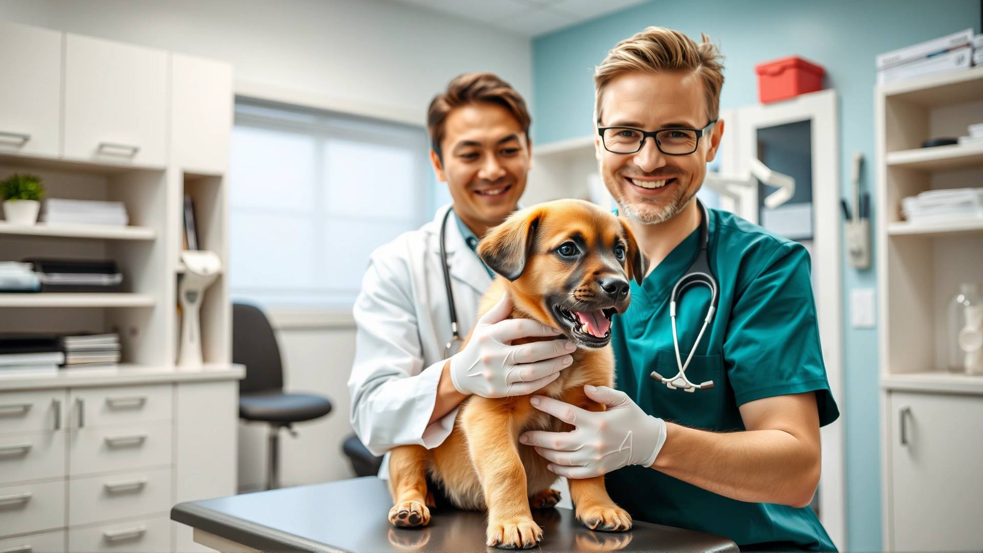Friendly veterinarian examining a young puppy’s mouth on an examination table in a modern vet clinic, both vet and puppy looking calm.