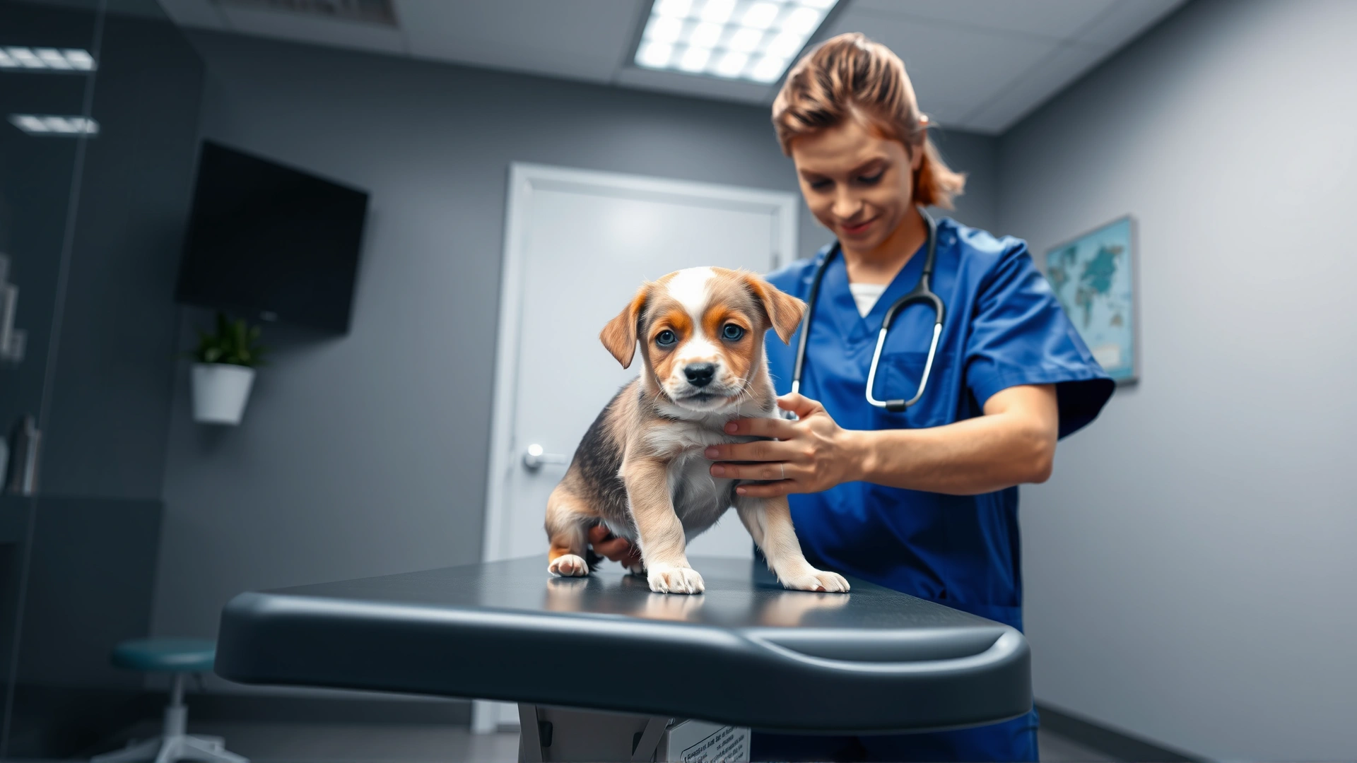 Veterinarian wearing blue scrubs examining a small mixed-breed puppy on an exam table in a modern clinic
