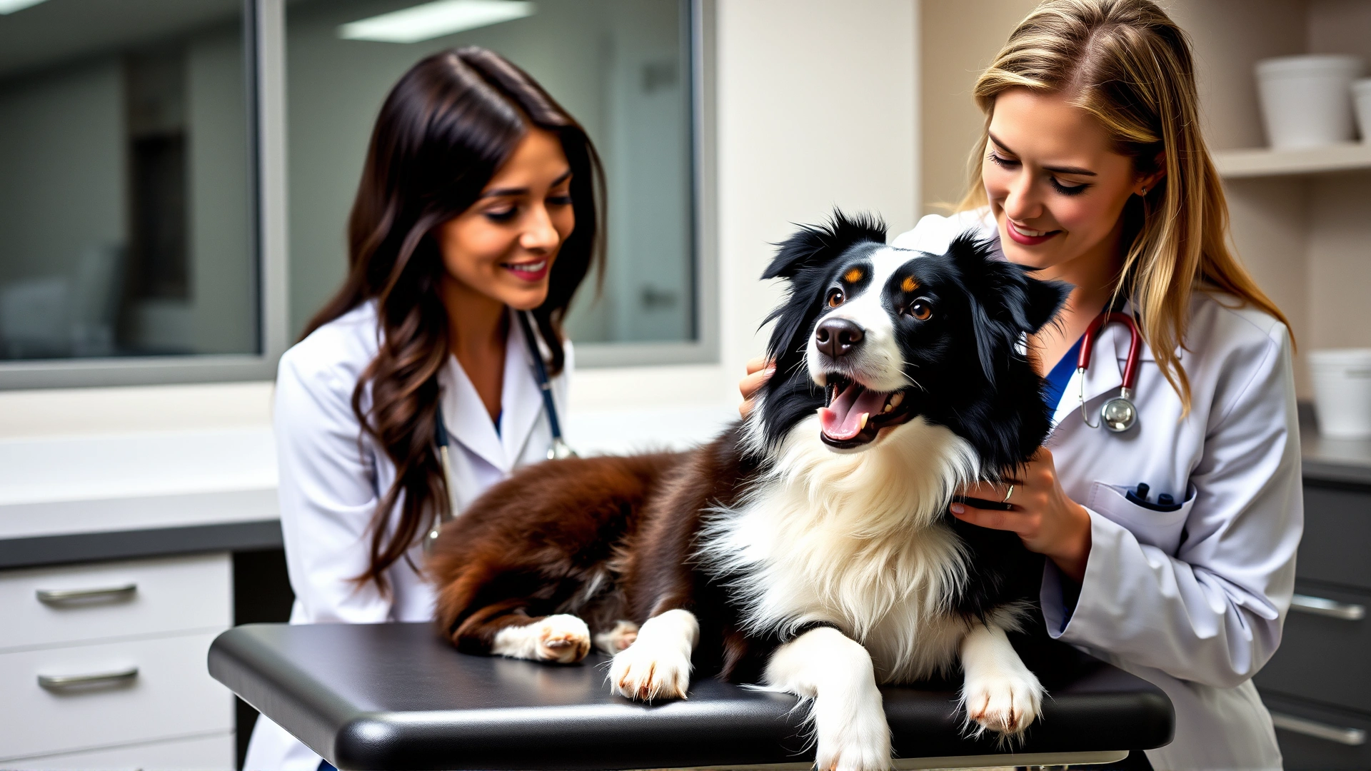Female veterinarian in white coat examining a friendly Border Collie on an examination table in a modern vet clinic