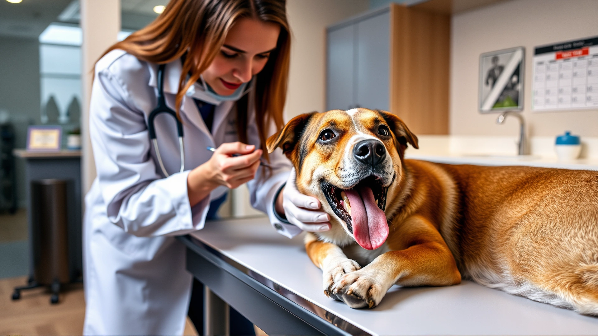 Veterinarian gently examining a medium-sized dog on an exam table, focusing on the dog's mouth and teeth, modern clinic interior