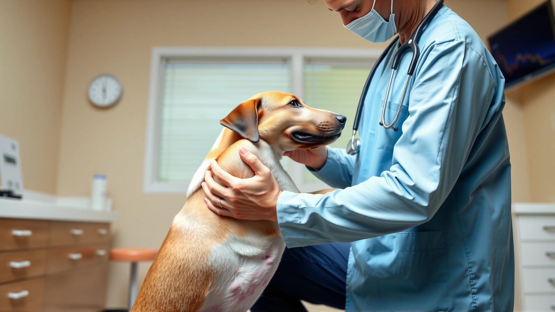Veterinarian gently flexing a dog's hind leg during a joint examination in a bright clinic room