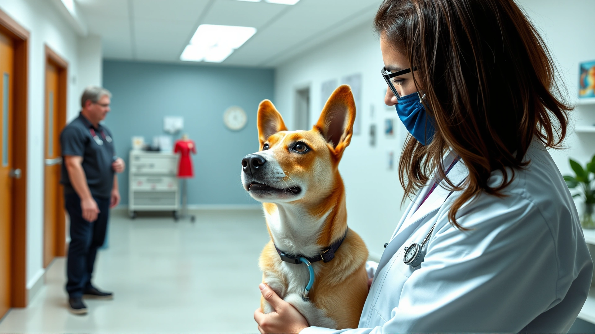 Veterinarian examining a healthy dog with a stethoscope in a modern clinic, owner standing nearby, clean and bright atmosphere, no text