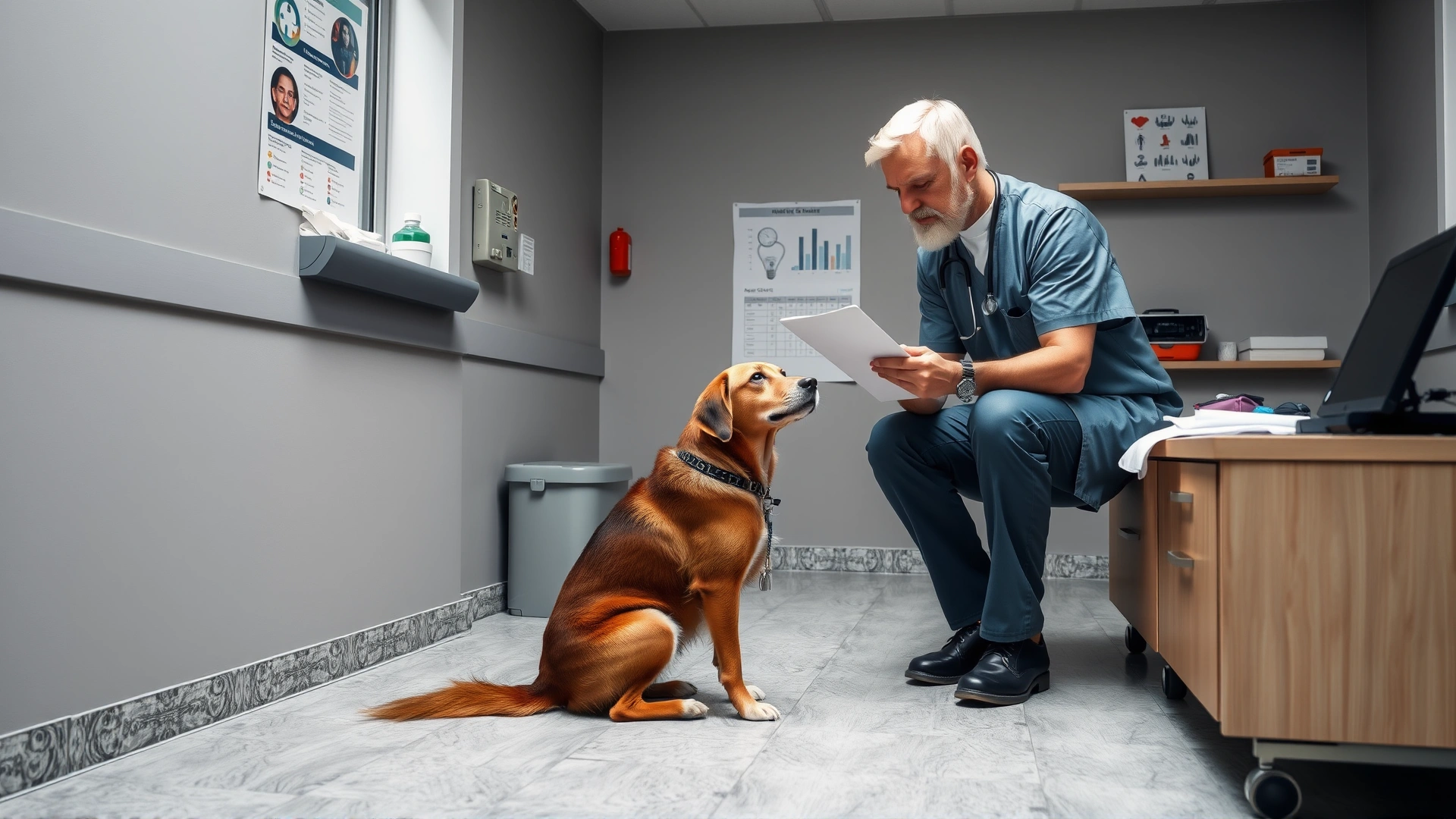 Owner and veterinarian discussing a dog's health chart in the clinic while the dog sits calmly on the floor