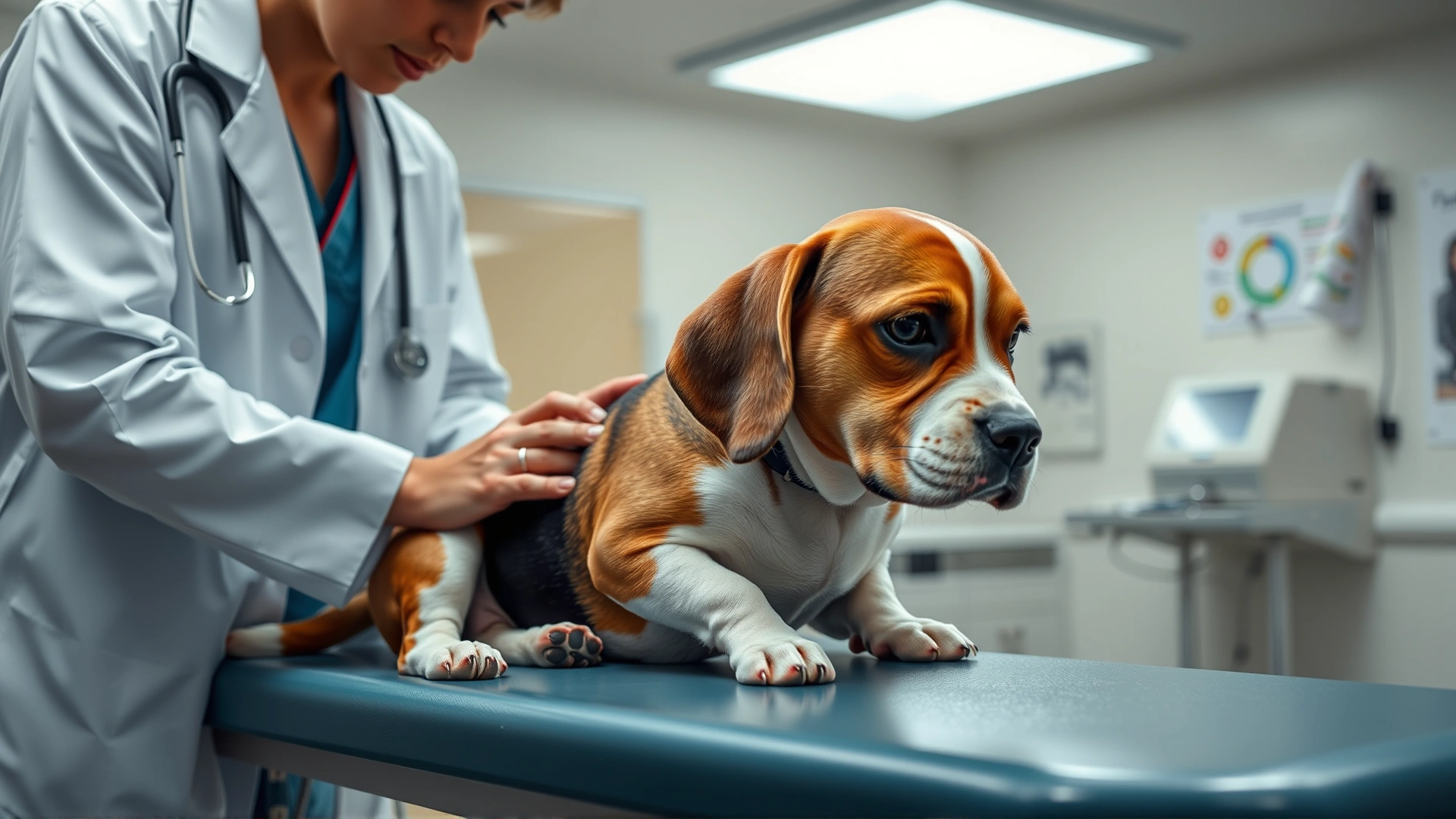 Veterinarian in a clinic gently examining an overweight beagle on an examination table, medical equipment softly blurred in the background.