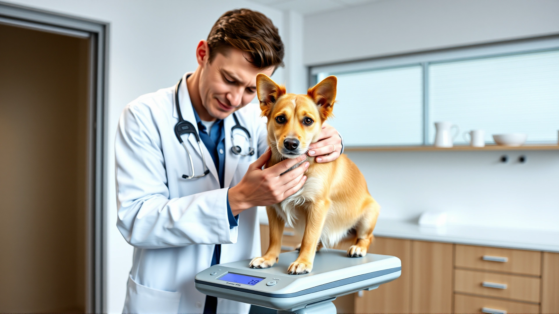 Veterinarian in white coat gently placing a medium-sized dog on a digital scale inside a modern clinic examination room.