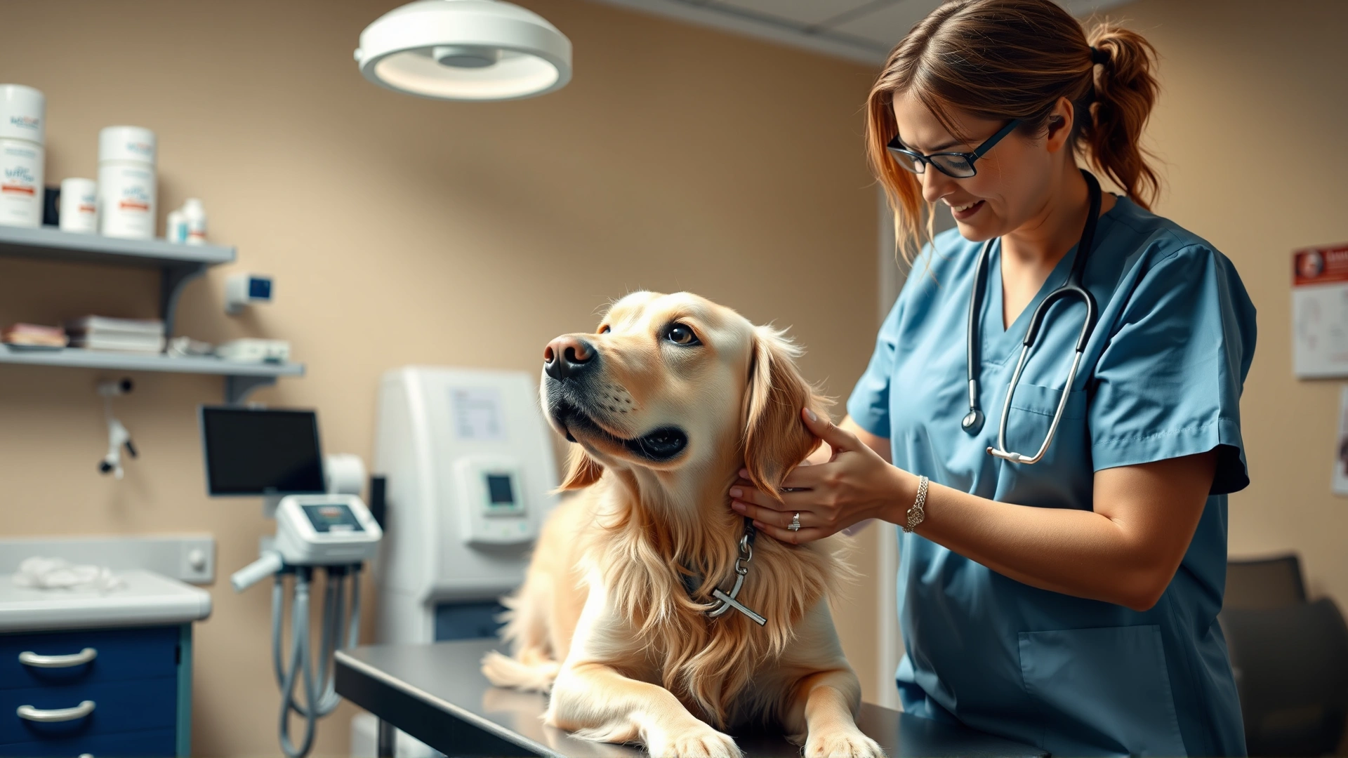 Veterinarian examining a golden retriever on an examination table while the owner gently holds the dog’s collar; clinical setting with medical equipment visible; bright lighting.