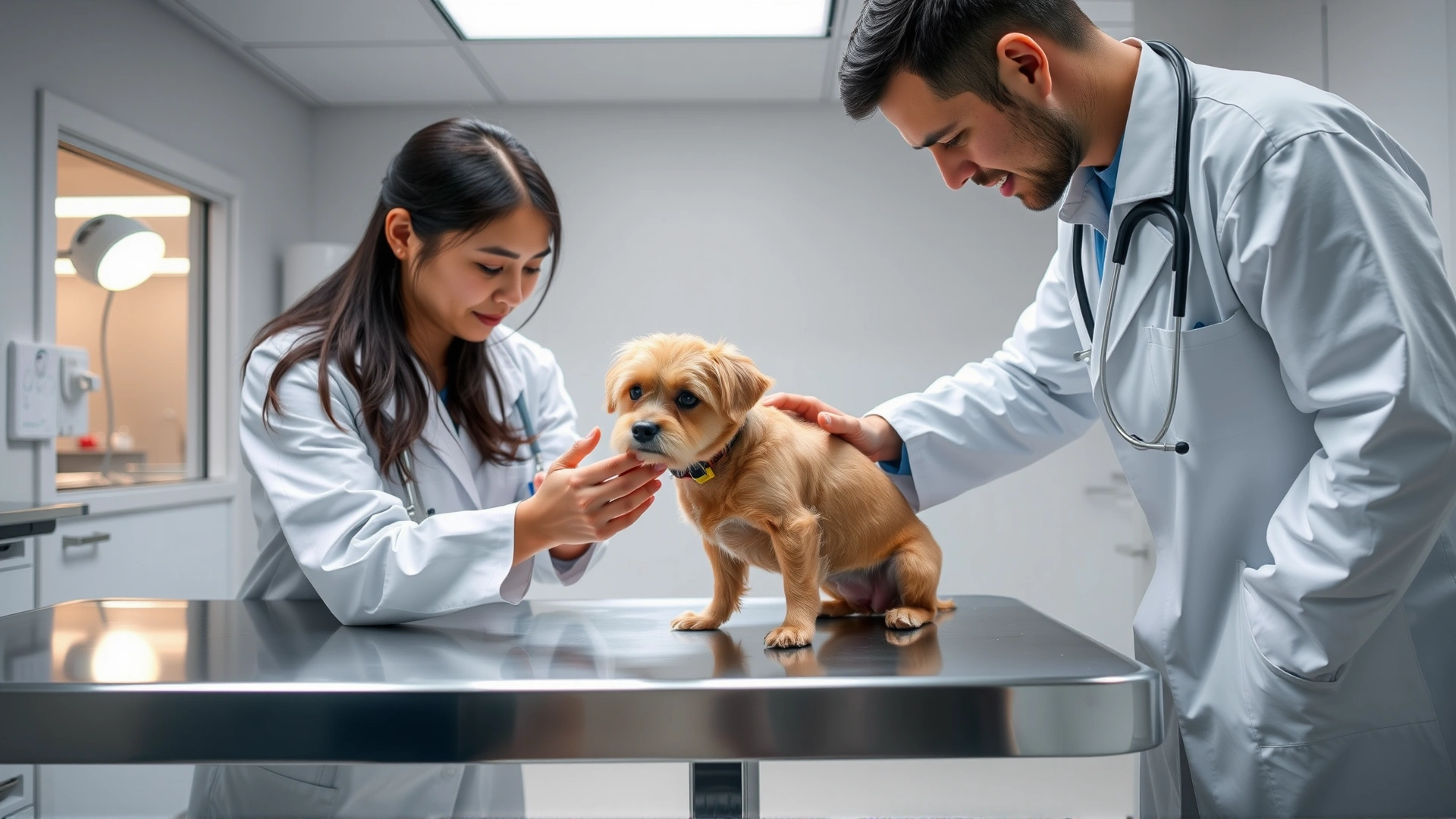 Veterinarian in white coat gently examining a small dog on a stainless steel exam table in a bright clinic setting