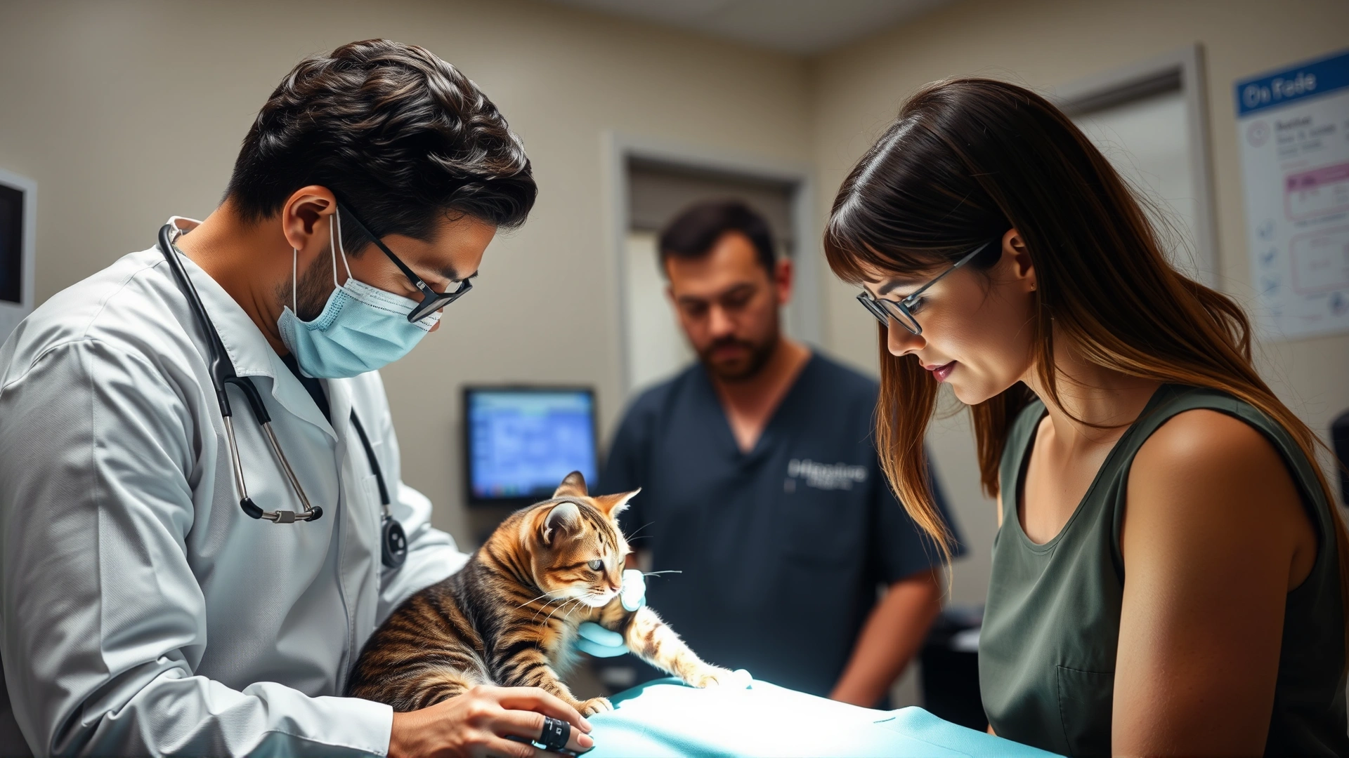Photo of a veterinarian in scrubs gently examining a tabby cat’s surgical site while the owner watches, sterile clinic setting.
