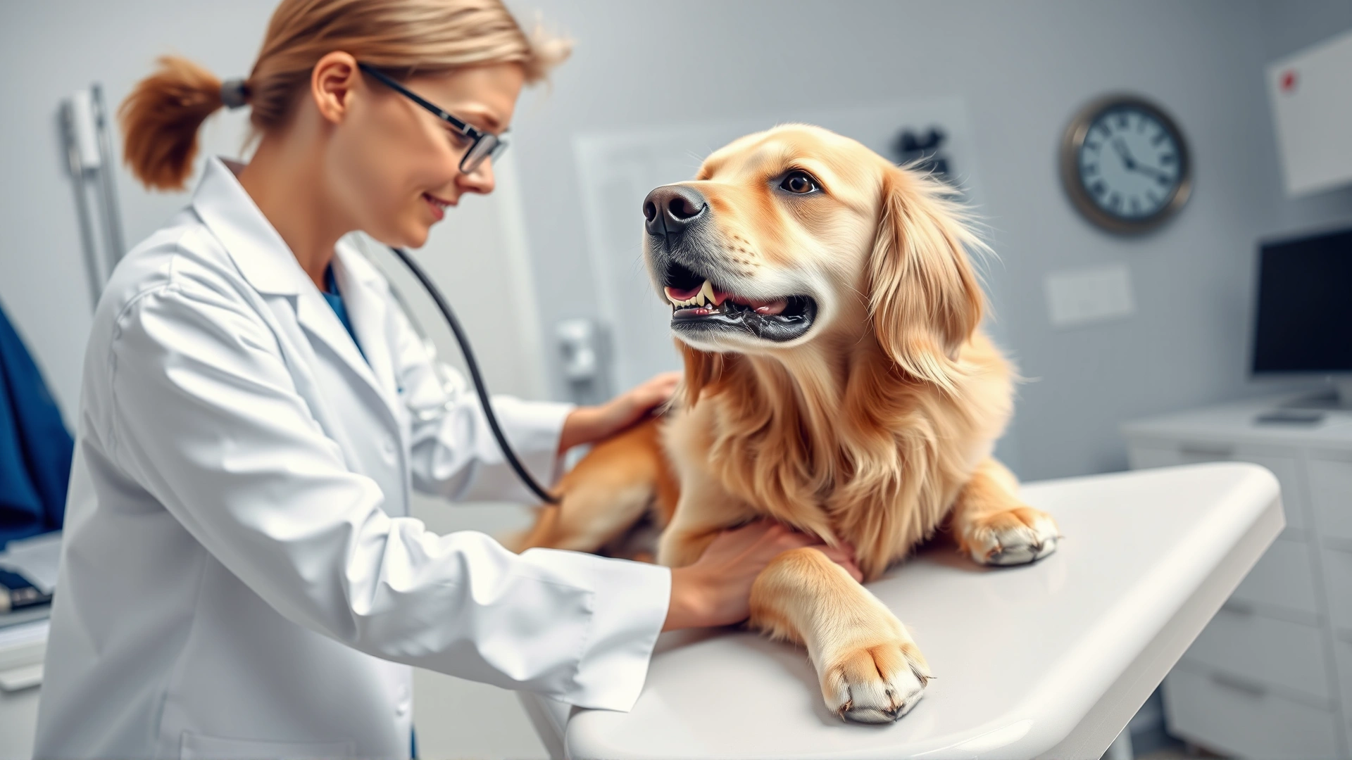 Veterinarian in white coat examining a golden retriever on an exam table, clinic background