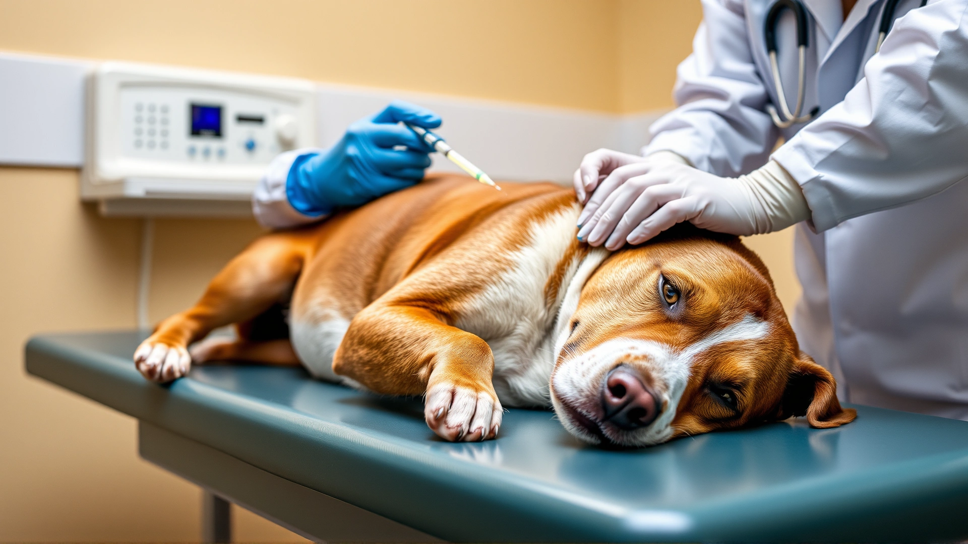 Dog lying on exam table while a vet technician draws blood, representing routine monitoring during NSAID therapy
