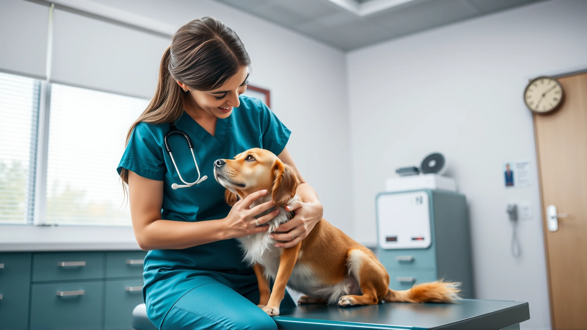 Female veterinarian in a modern clinic listening to a dog’s heartbeat during routine check-up, friendly atmosphere.