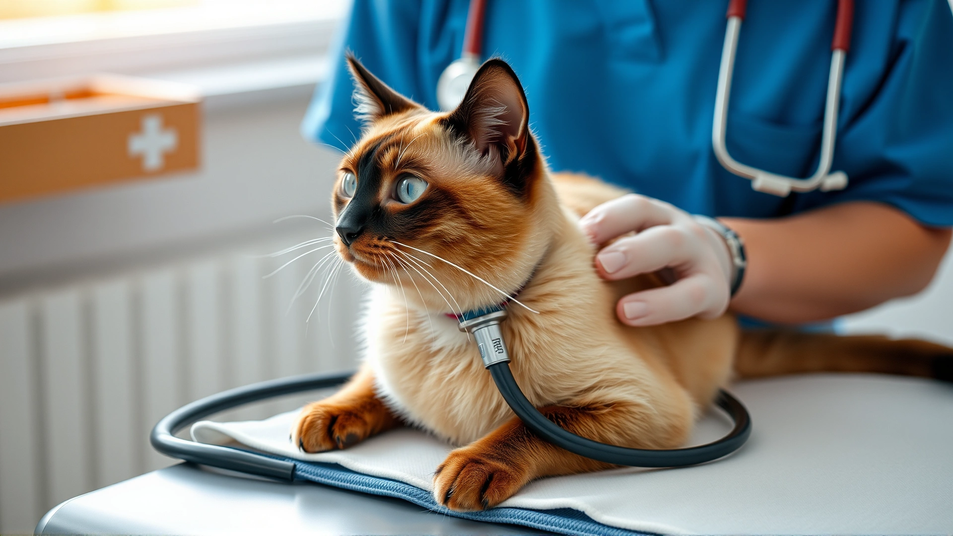 Veterinarian examining a calm Balinese cat on an exam table, stethoscope on the cat's chest, bright clinic setting.