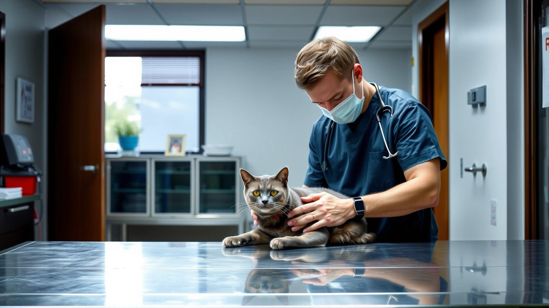 Veterinarian examining a calm Chartreux cat on a stainless steel table in a well-lit clinic