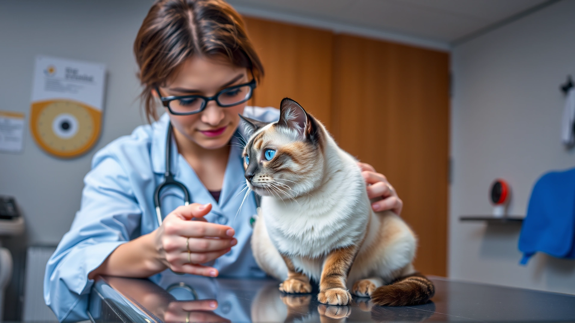 Veterinarian examining a Siamese cat on an examination table, professional clinic setting