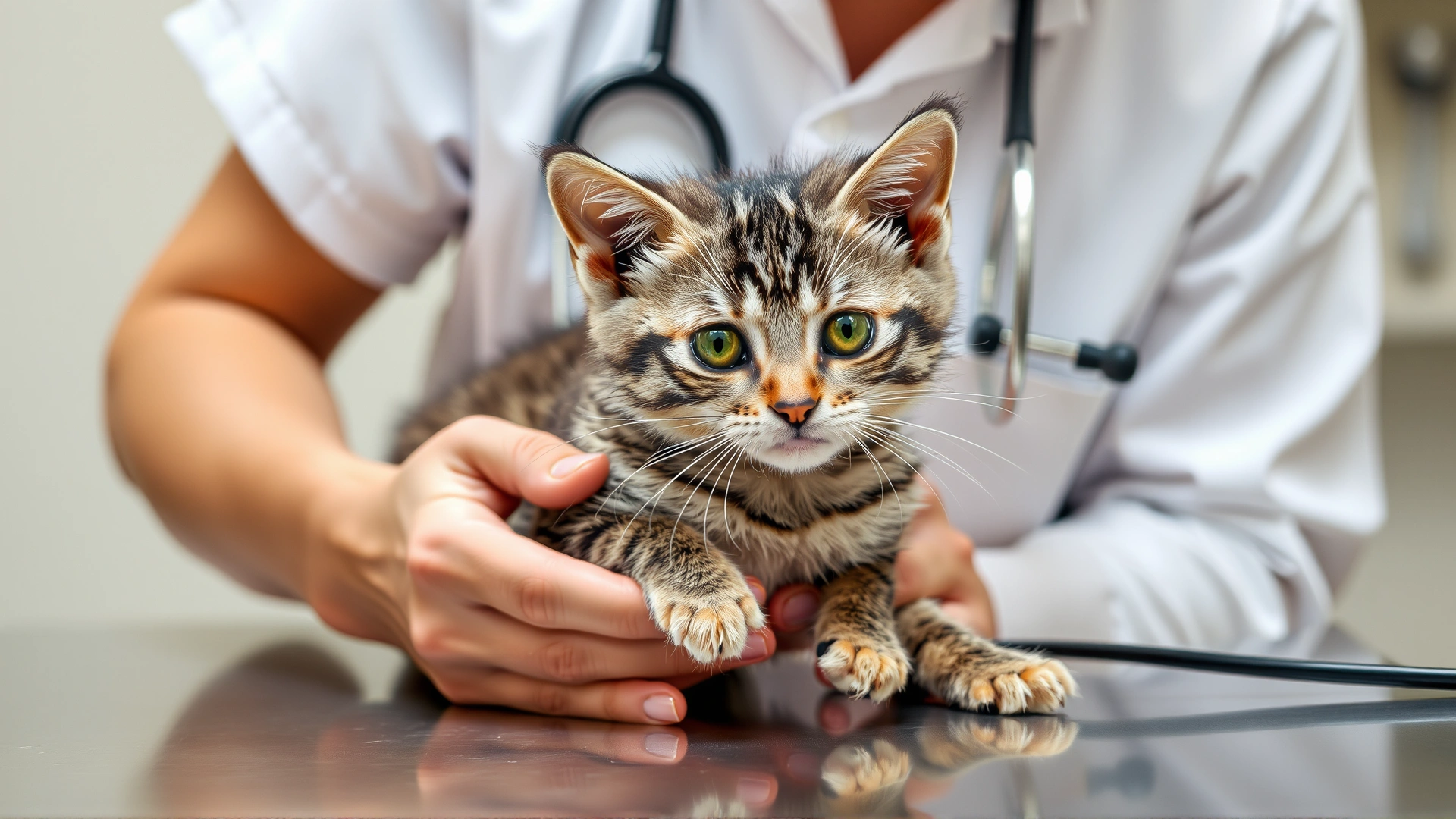 A veterinarian examining a gray tabby kitten on a stainless steel exam table with a stethoscope visible
