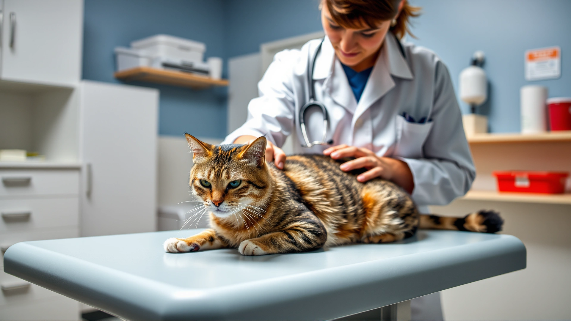 Veterinarian in white coat gently examining a calm cat on an examination table in a clean animal clinic setting.