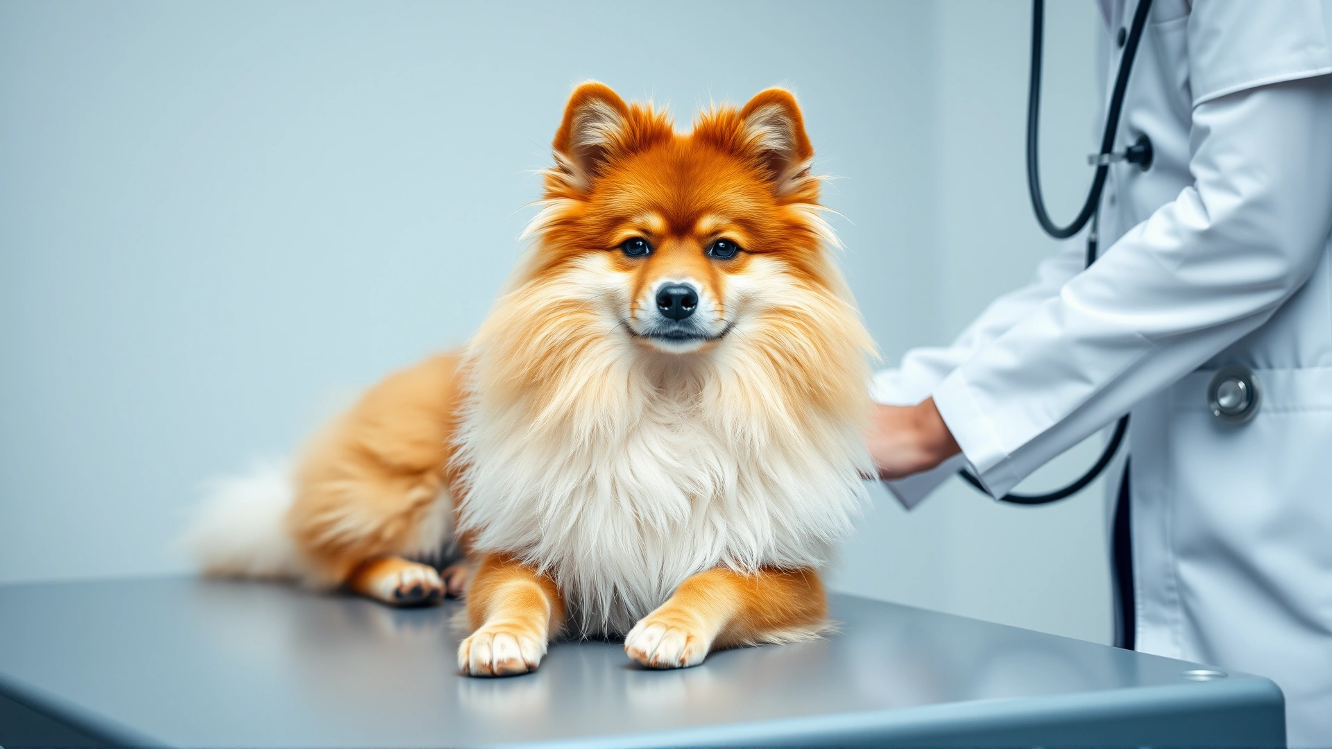 Finnish Spitz sitting calmly on a veterinarian's examination table while the vet listens to its heart with a stethoscope