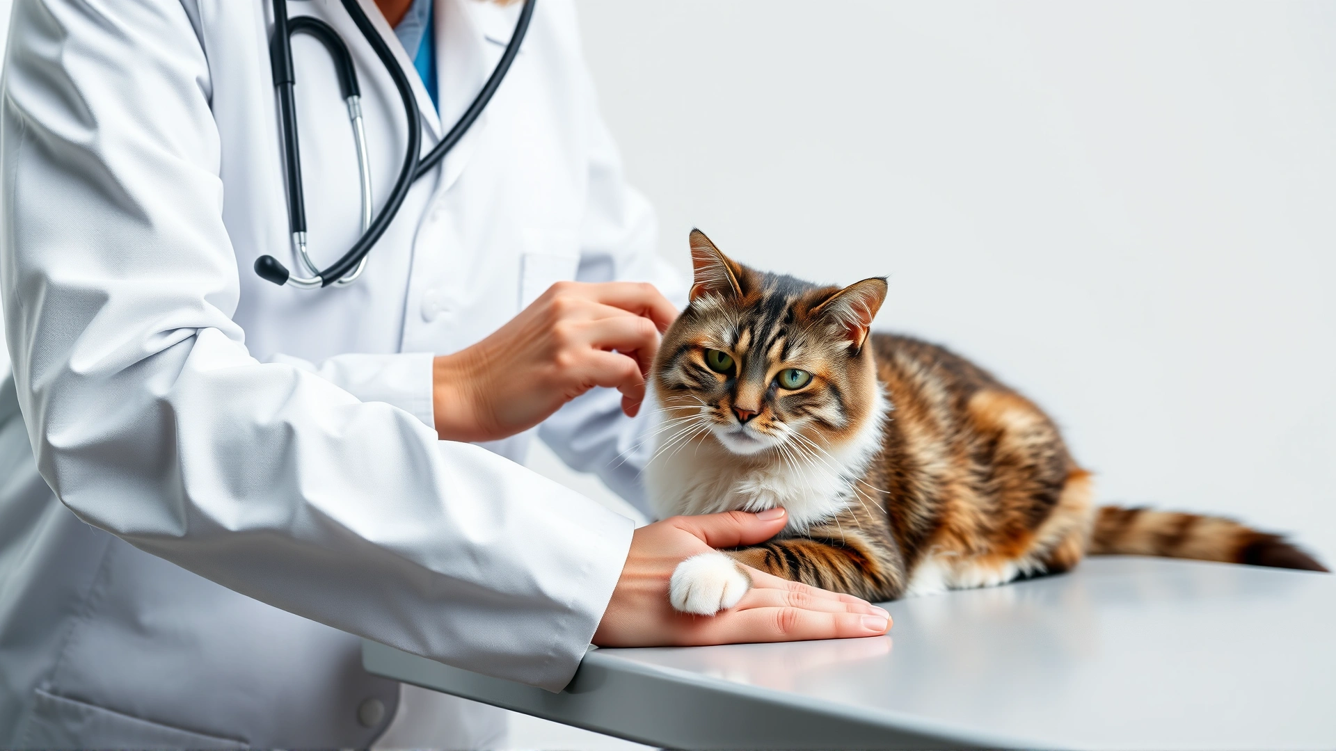 Veterinarian gently examining a domestic shorthair cat on a clinic table, stethoscope visible, clean white background