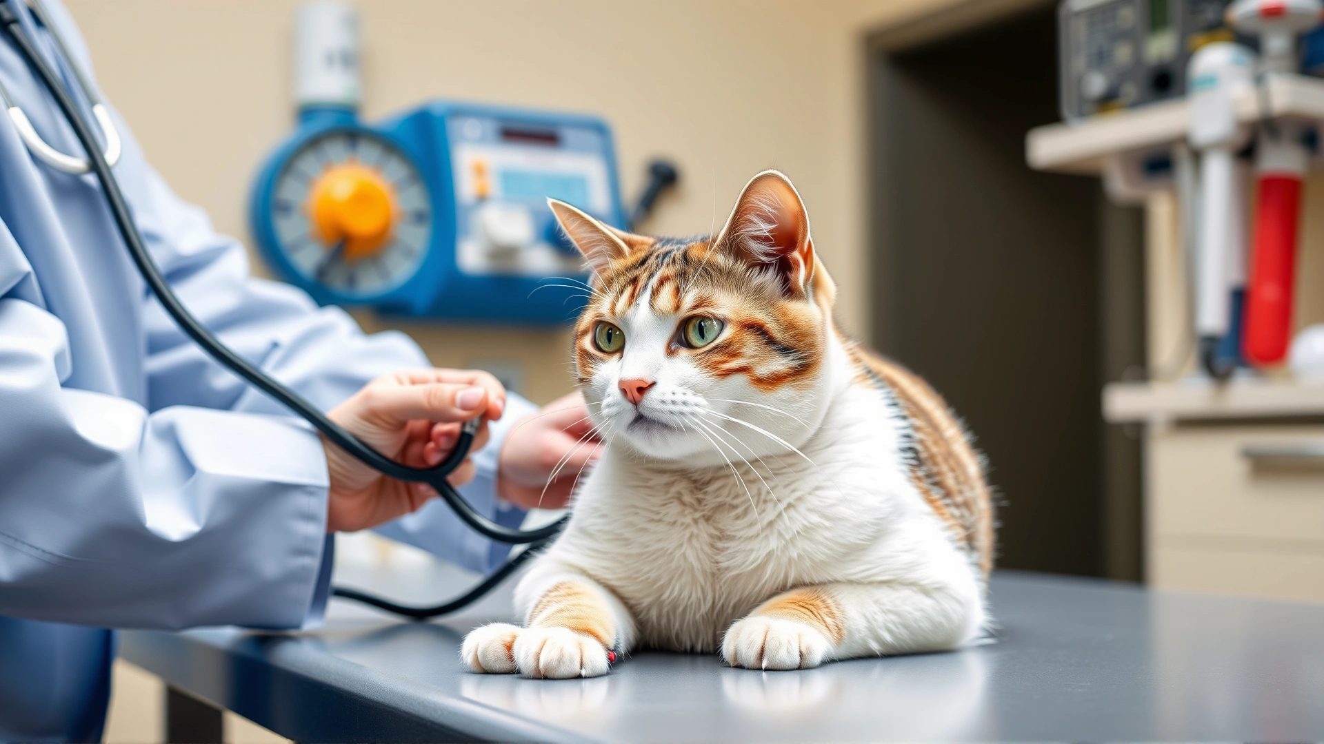 Veterinarian holding a stethoscope to a relaxed cat on a clinic table with medical equipment in background