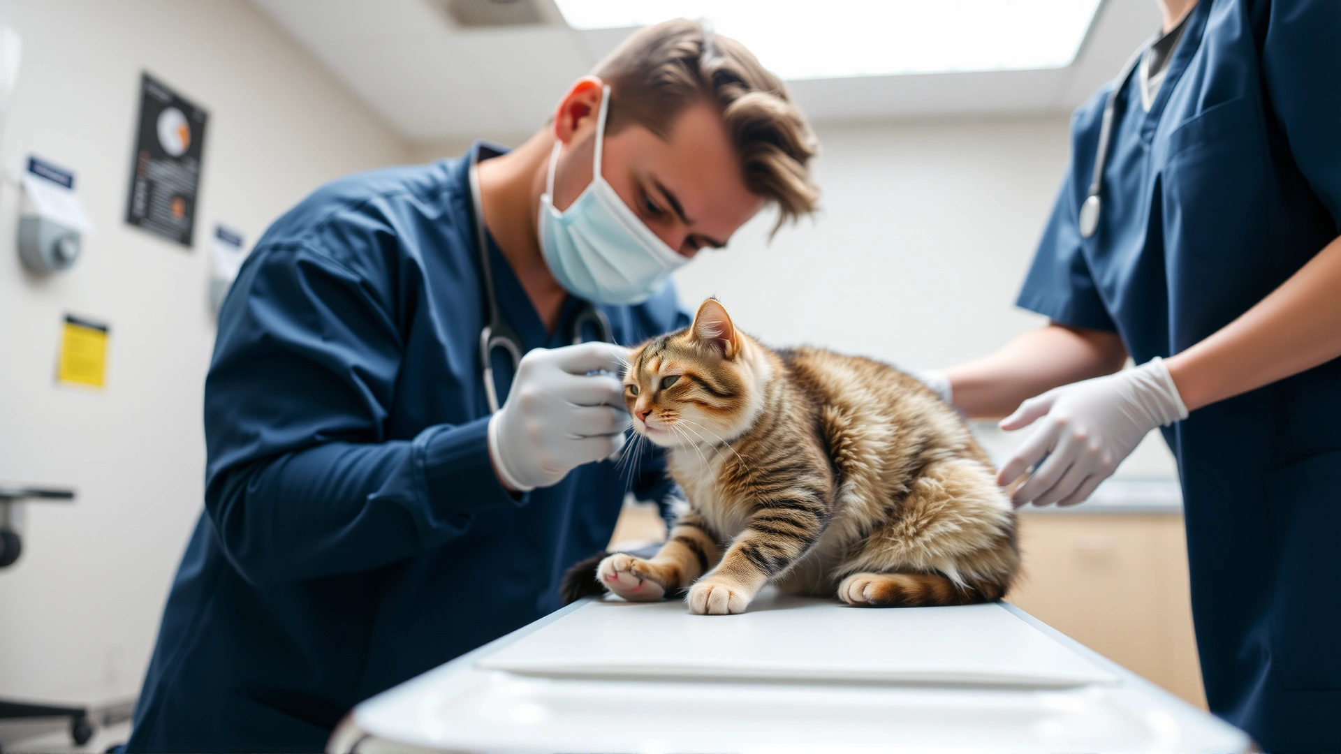 Veterinarian examining a calm senior cat on an exam table, bright clinic setting