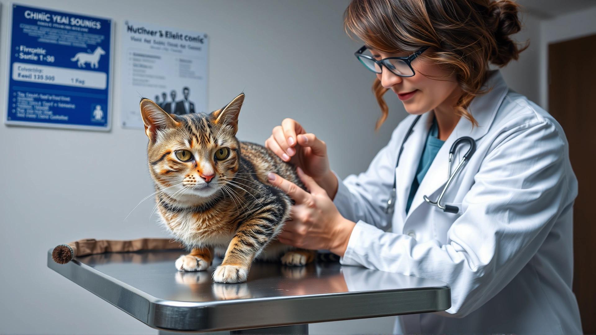 Veterinarian in white coat examining a tabby cat on a stainless-steel exam table while holding a flea comb, clinical setting