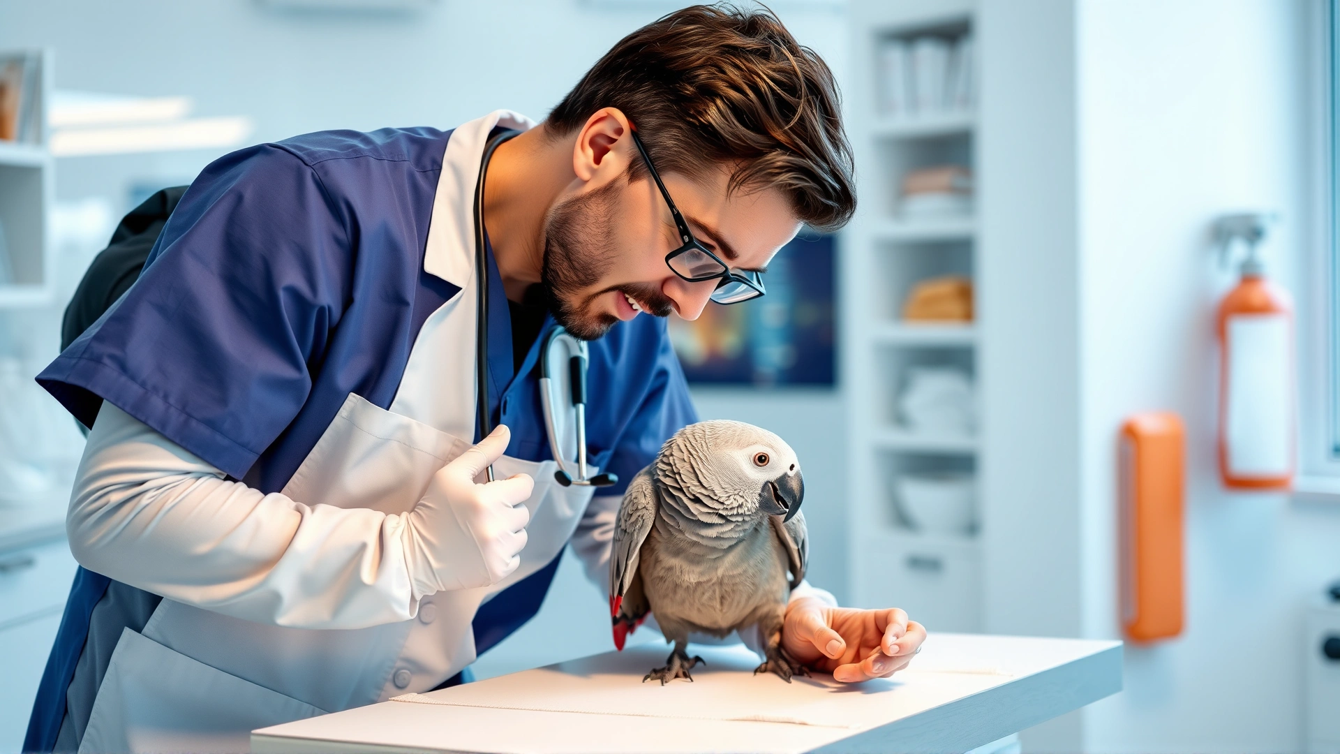 Avian veterinarian gently examining a grey parrot on a table in a bright modern clinic, professional setting, no text