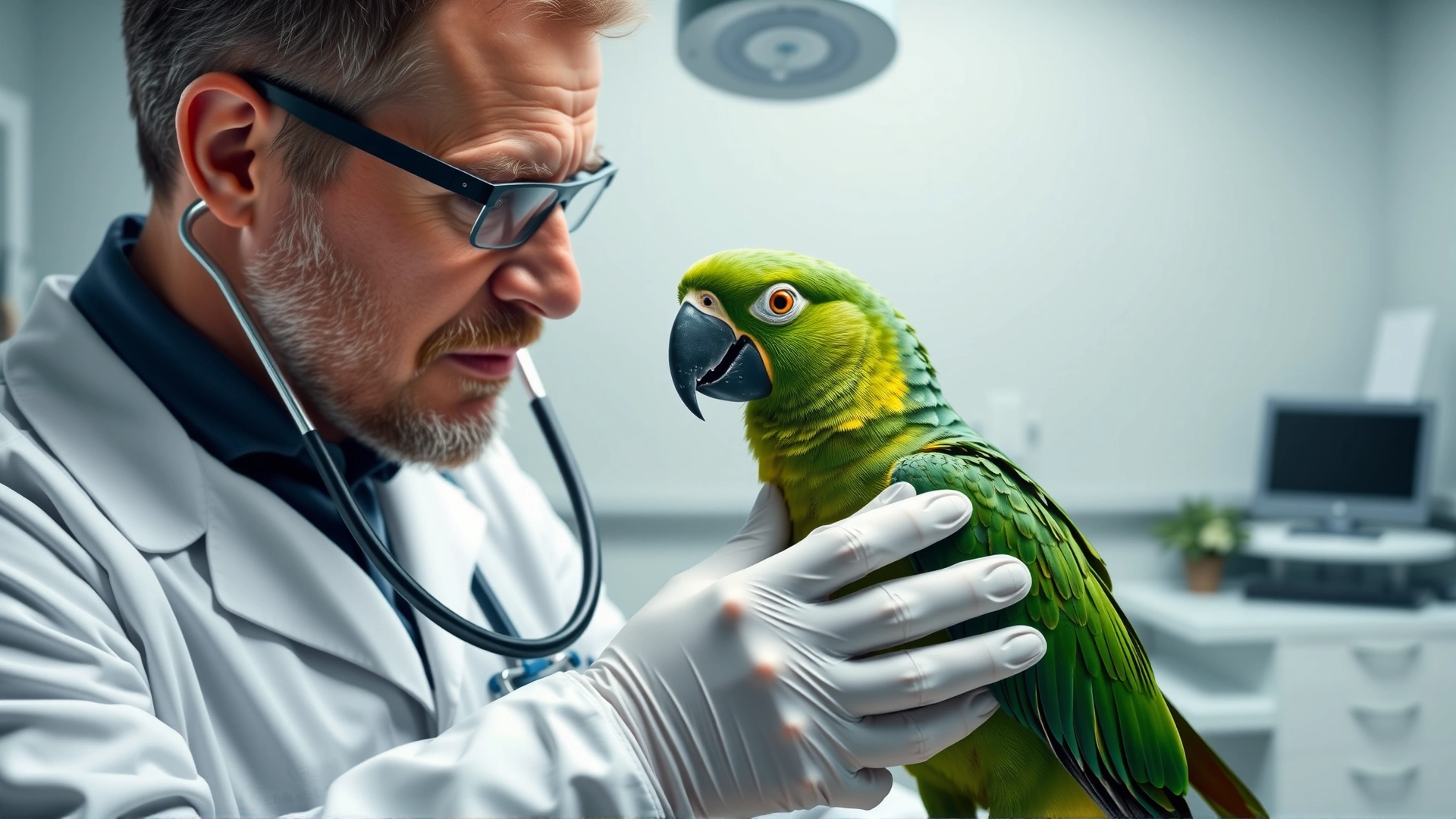 Avian veterinarian examining a green Amazon parrot with a stethoscope in a modern clinic room.