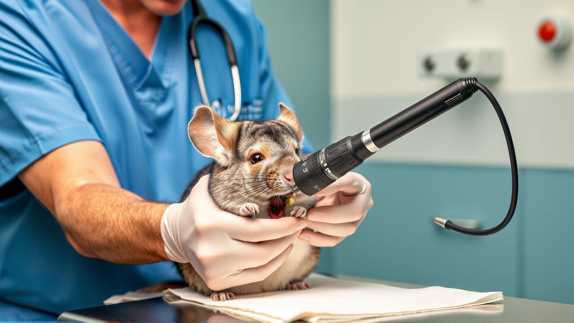 Exotic animal veterinarian wearing scrubs gently inspecting a chinchilla's teeth using an otoscope on a clinic examination table