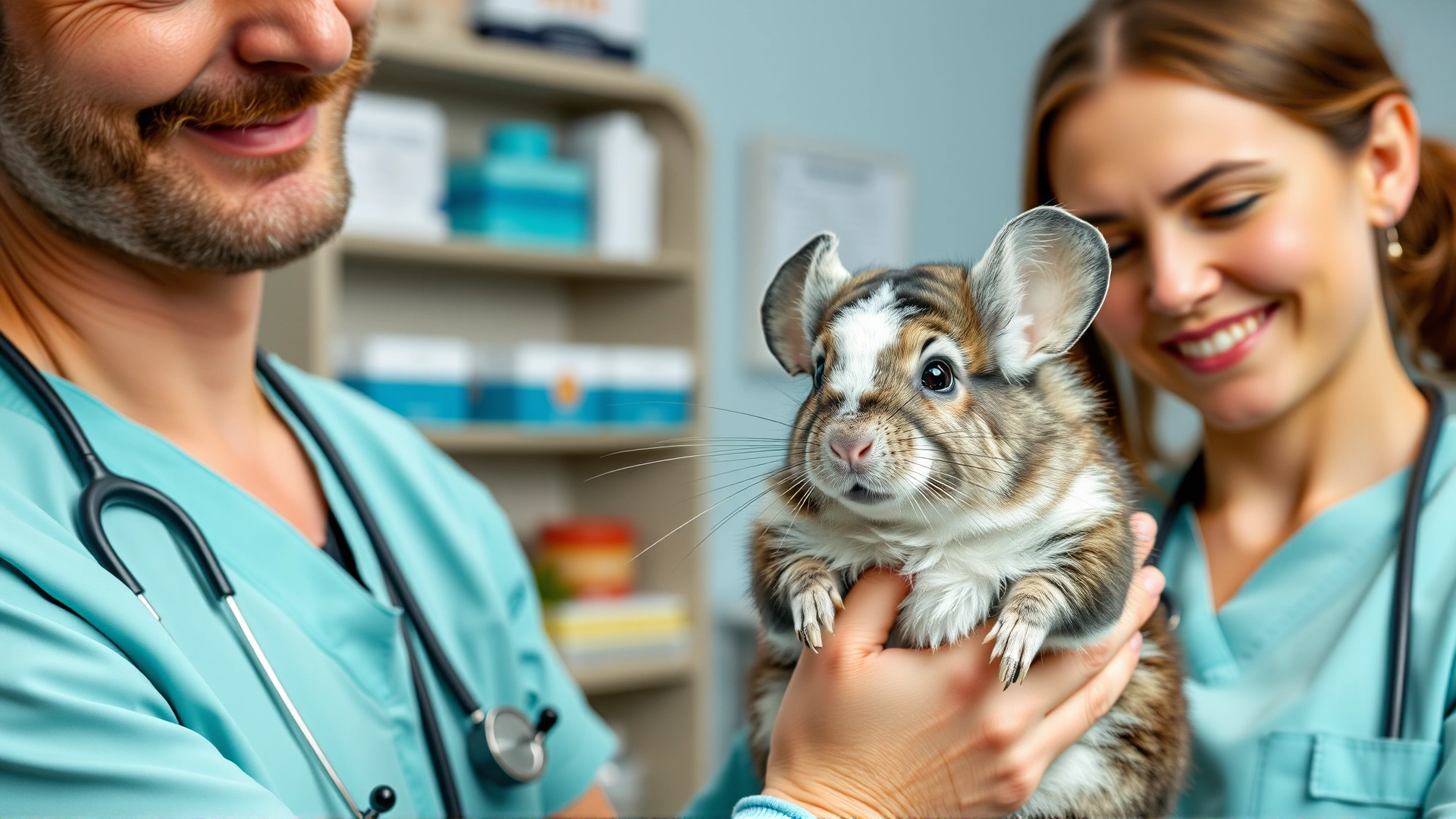Friendly veterinarian holding a healthy chinchilla during a routine checkup, showing a relaxed animal and professional care environment.